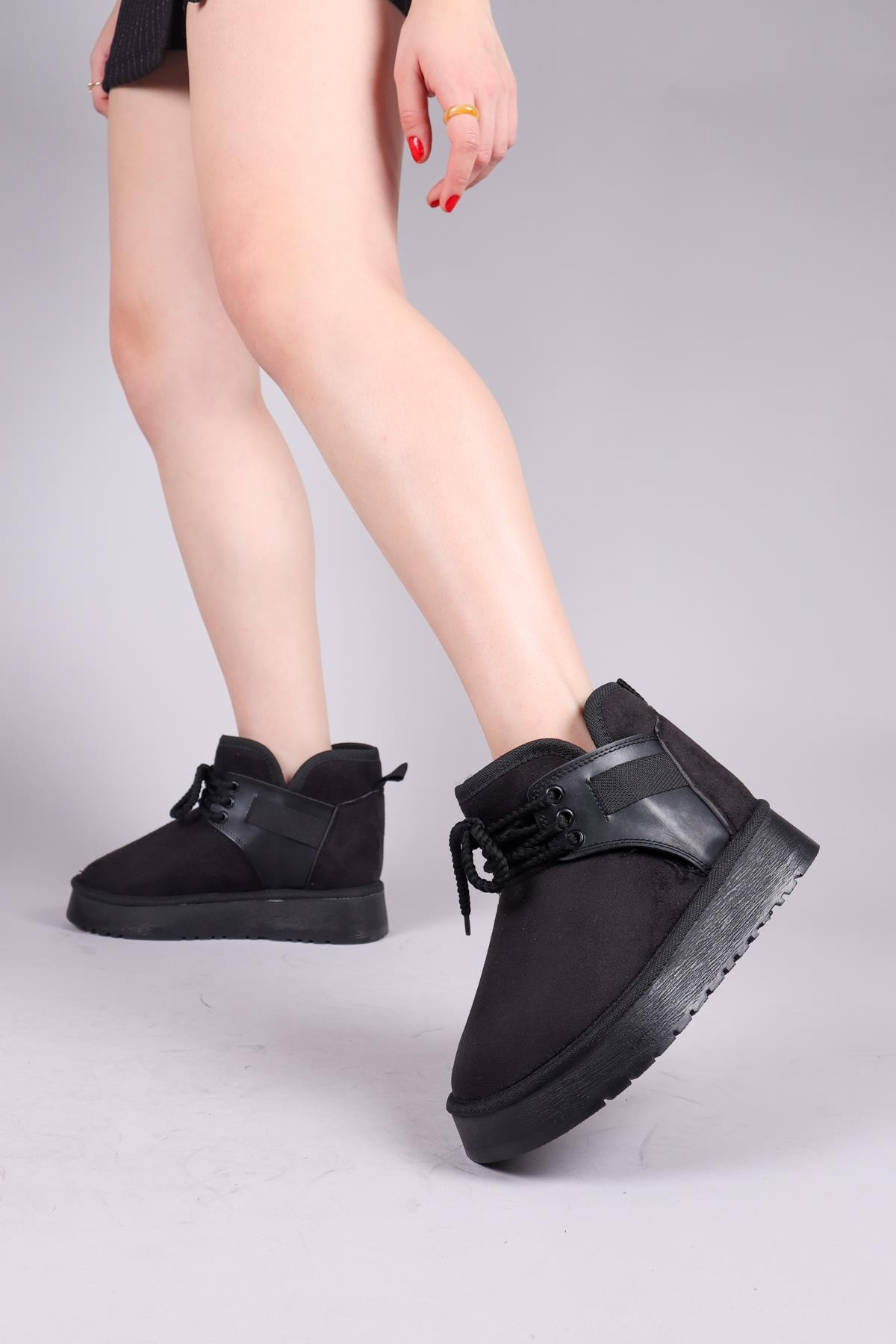 PUFF İçi Suni Kürklü Süet Bot SİYAH