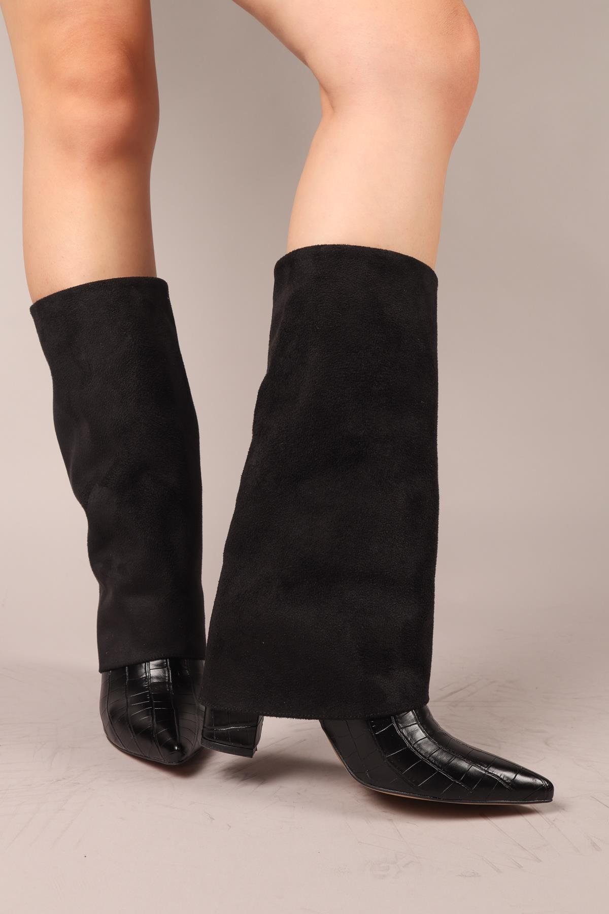 SELORA Süet-Kroko Garnili Topuklu Çizme SİYAH