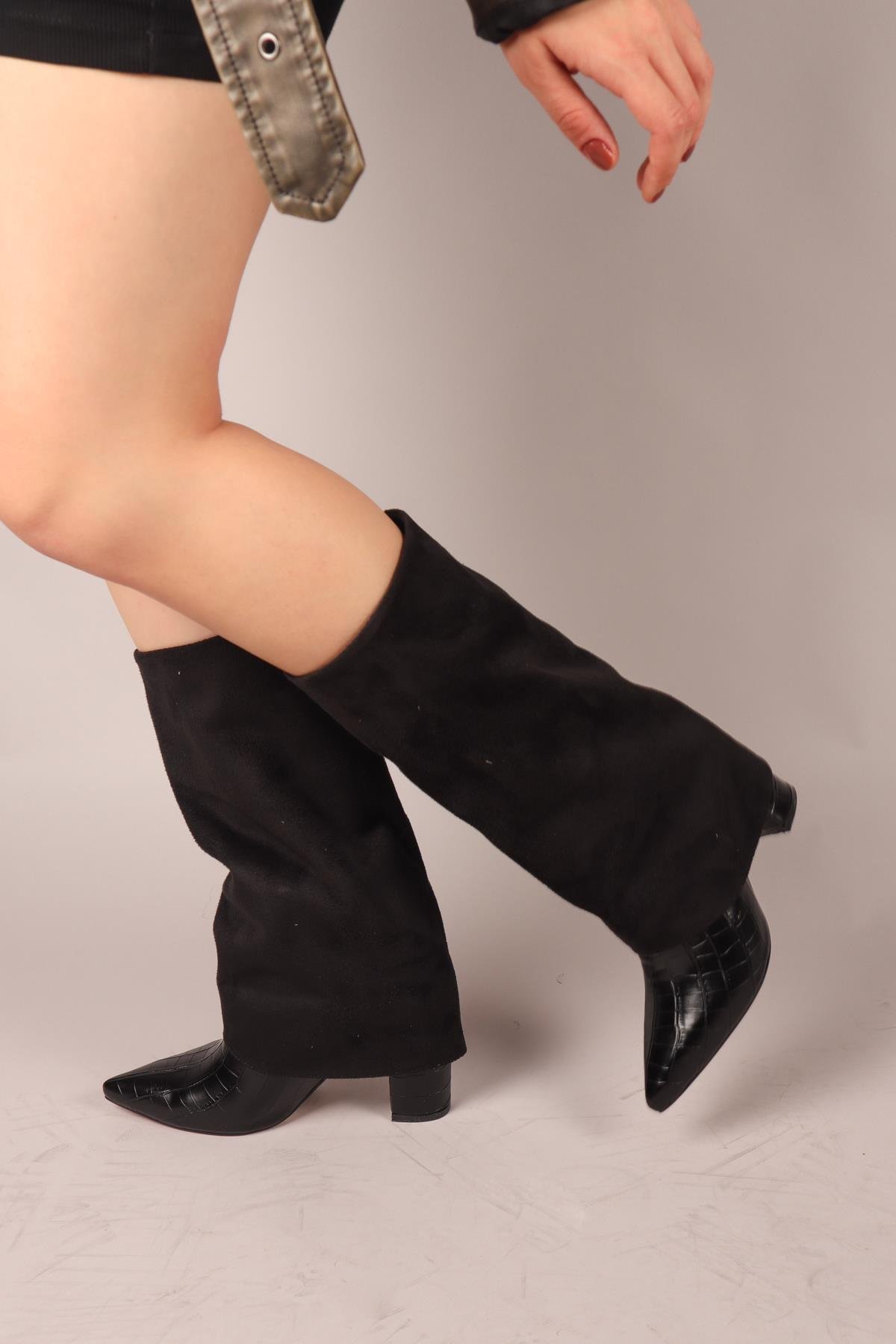 SELORA Süet-Kroko Garnili Topuklu Çizme SİYAH