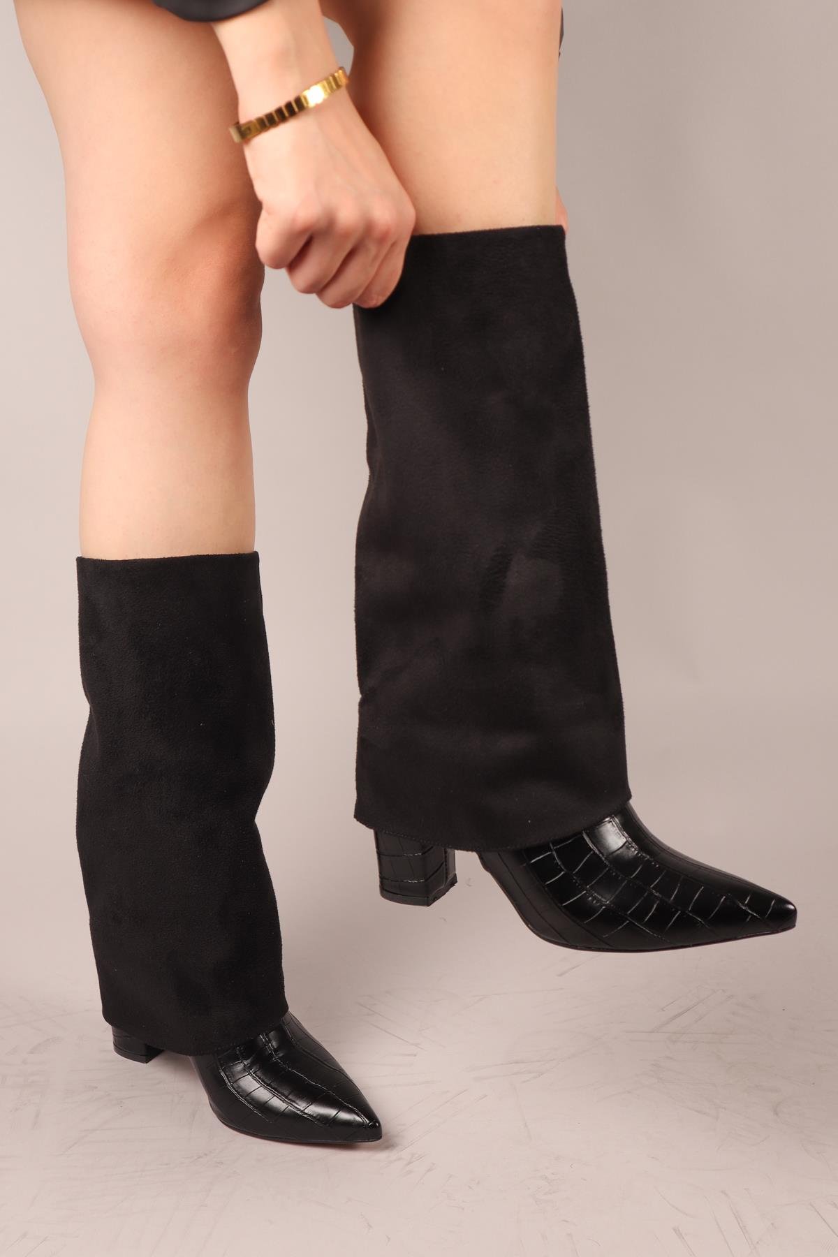 SELORA Süet-Kroko Garnili Topuklu Çizme SİYAH