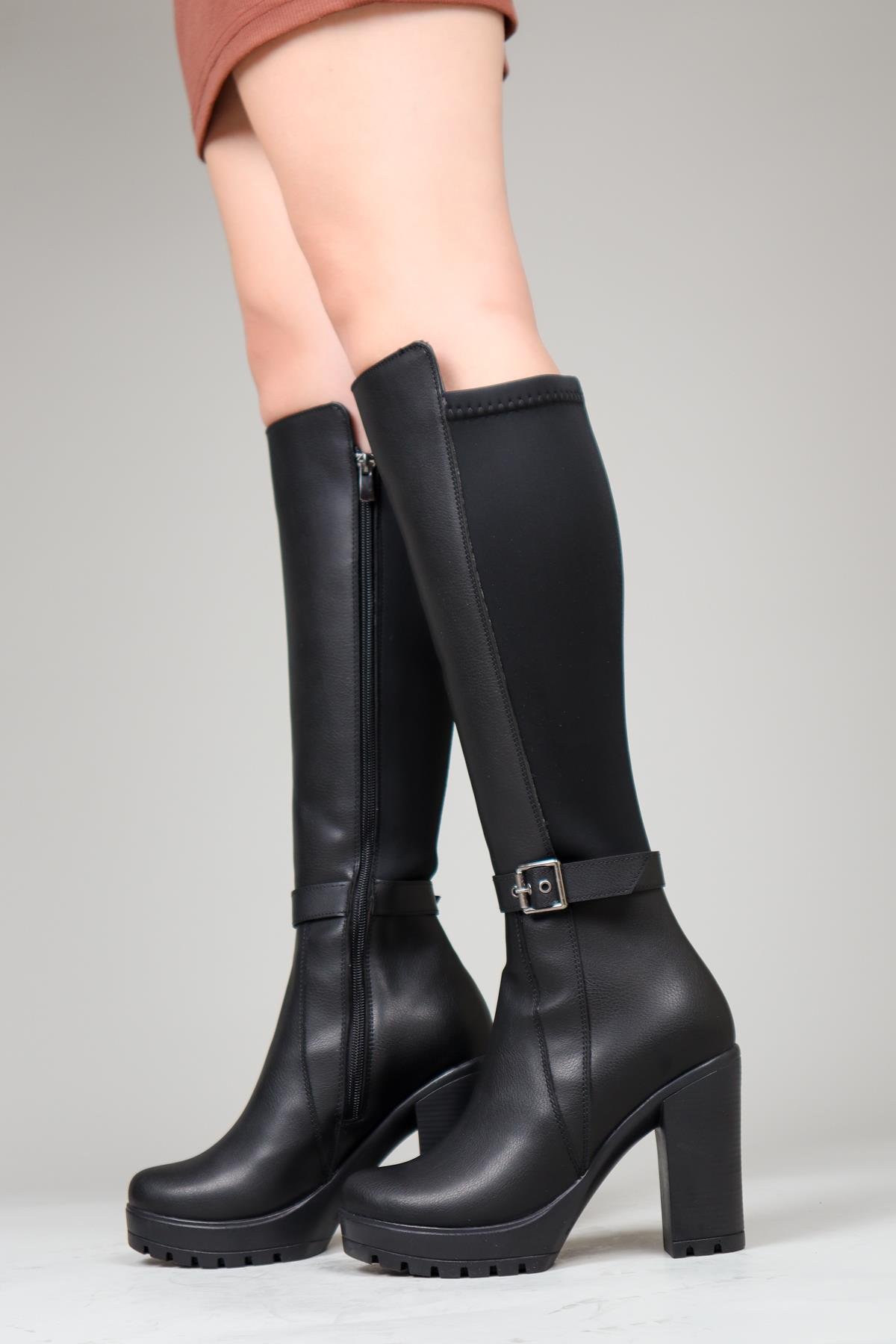 ULZA Strech Garnili Tokalı Topuklu Çizme SİYAH