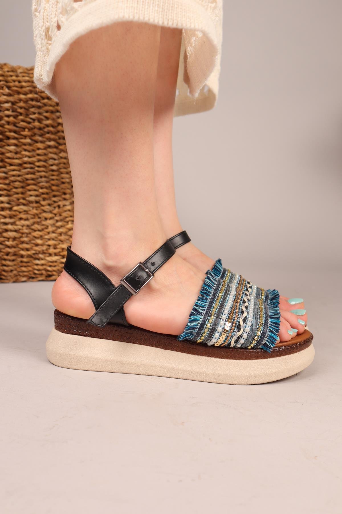 TASSEL Püskül ve Boncuklu Sandalet LACİVERT