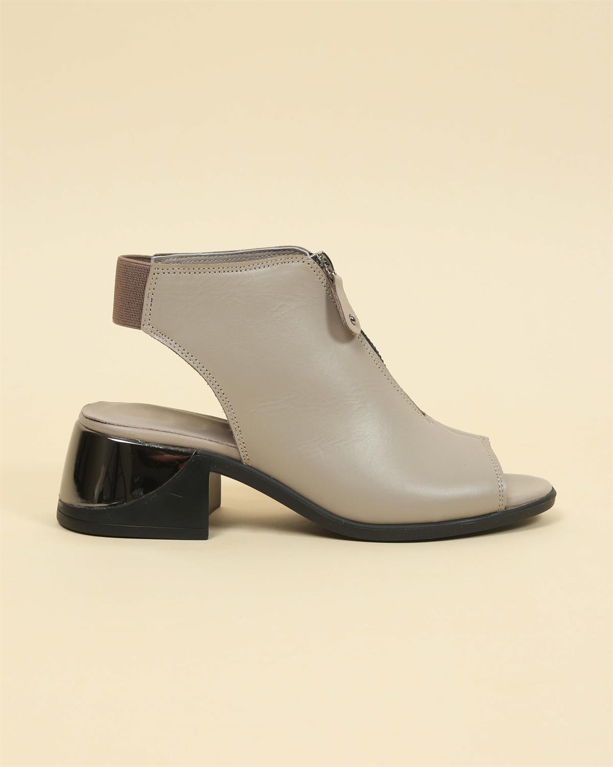 %100 Hakiki Deri Fermuar Detaylı Topuklu Sandalet VİZONTOPUKLU AYAKKABI