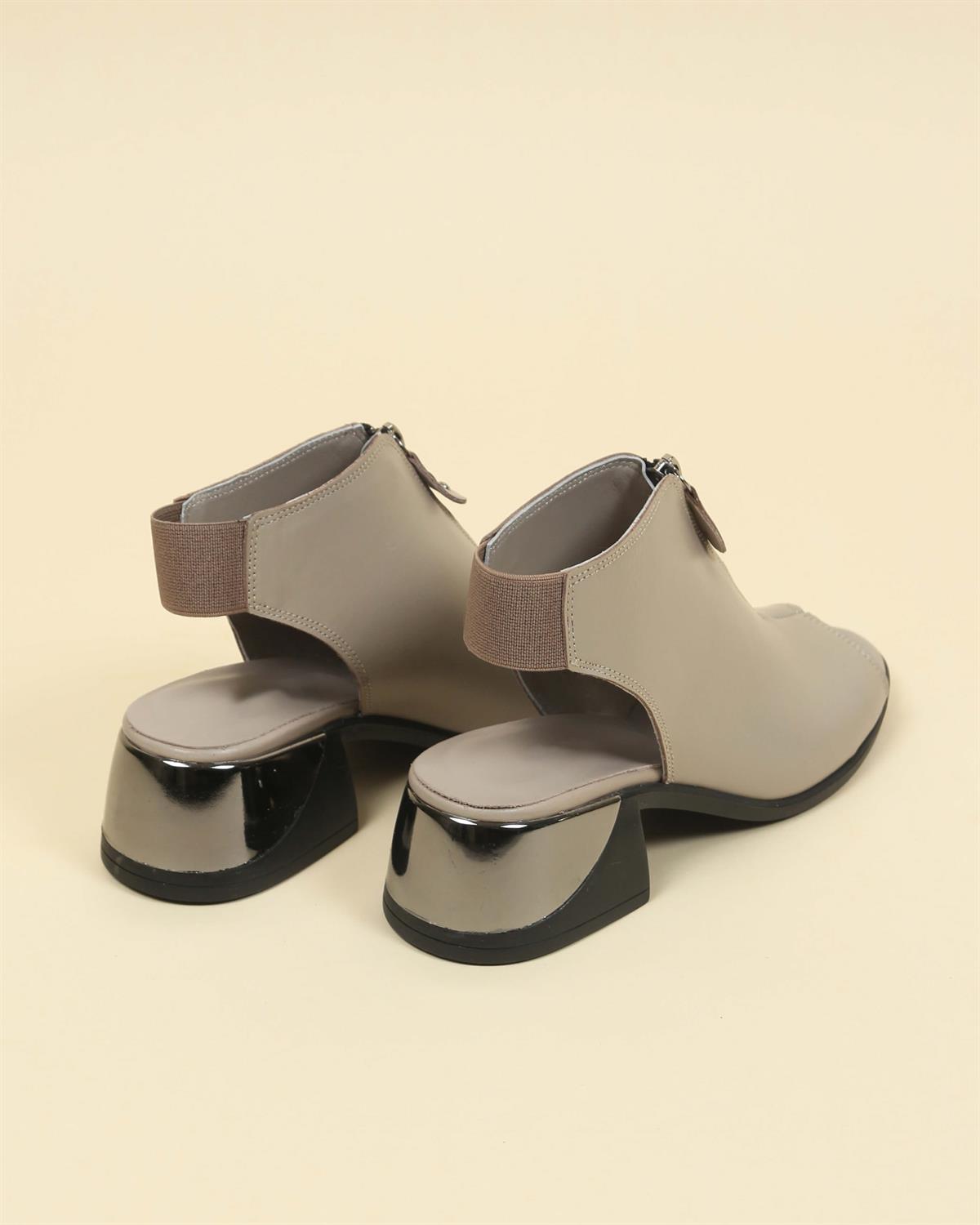 %100 Hakiki Deri Fermuar Detaylı Topuklu Sandalet VİZONTOPUKLU AYAKKABI