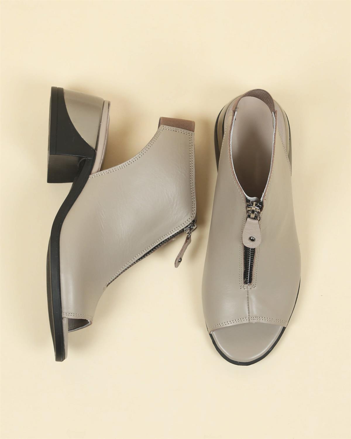 %100 Hakiki Deri Fermuar Detaylı Topuklu Sandalet VİZONTOPUKLU AYAKKABI