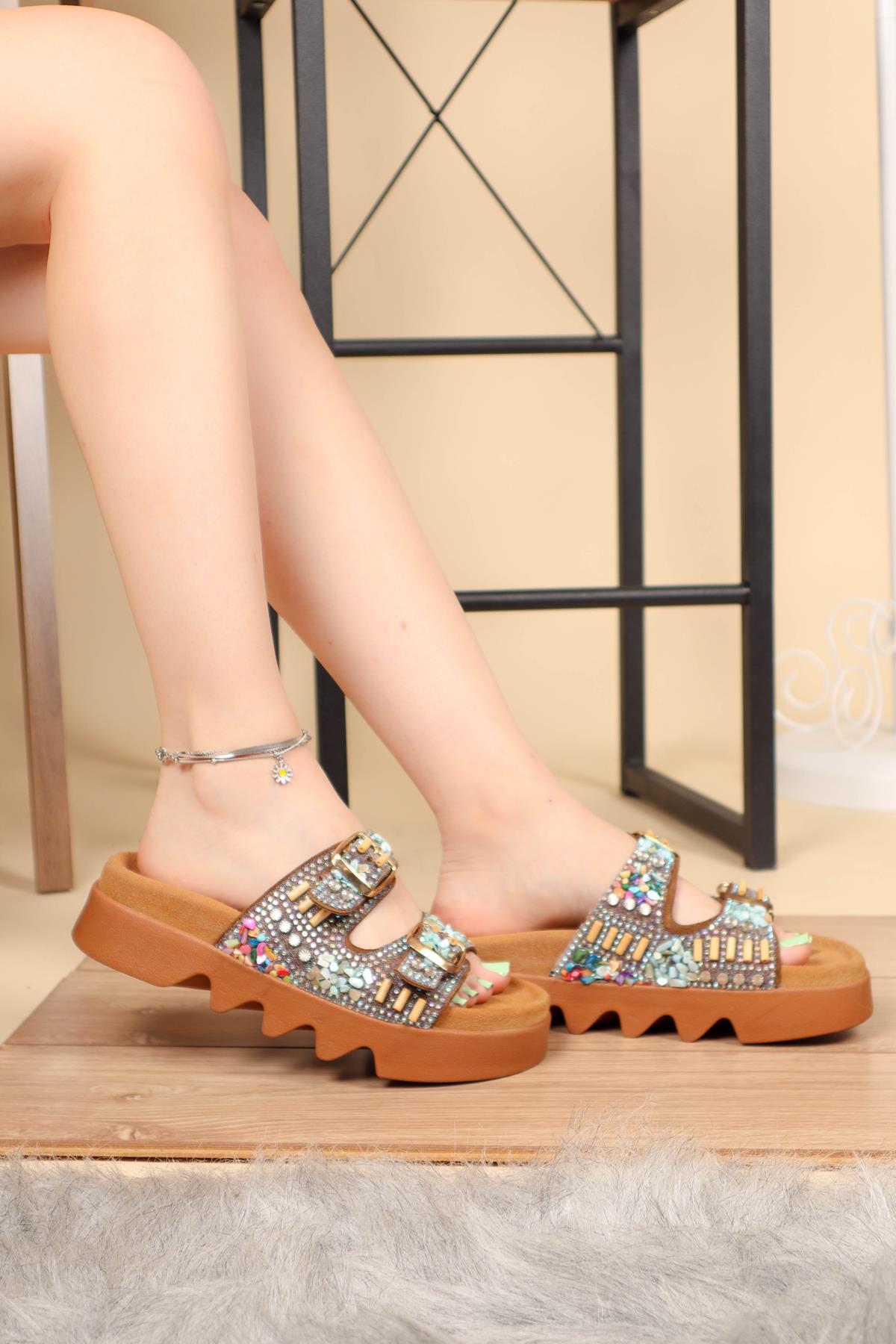 %100 Hakiki Deri Taşlı Çift Bantlı Terlik TABATERLİK