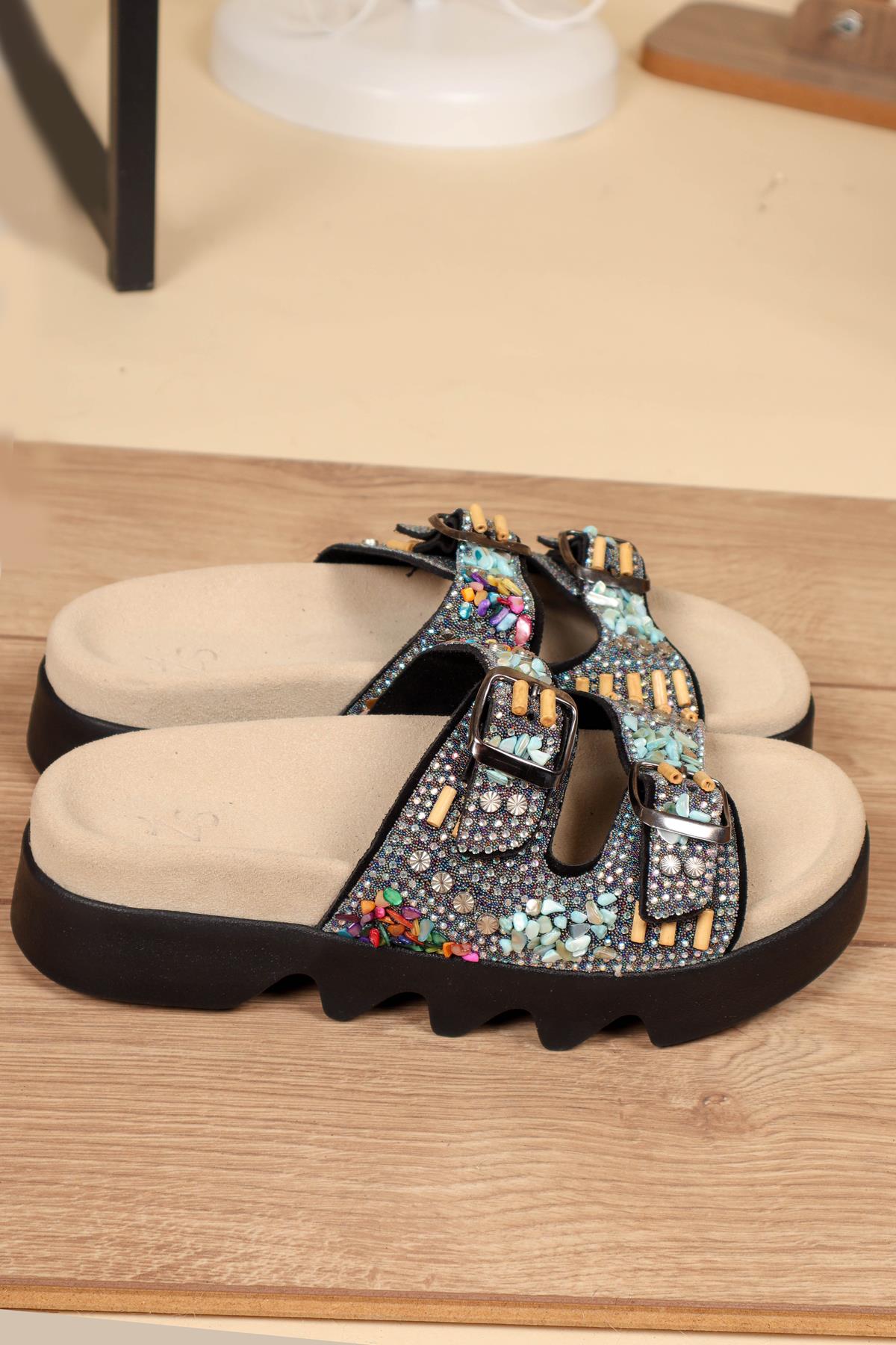 %100 Hakiki Deri Taşlı Çift Bantlı Terlik SİYAH