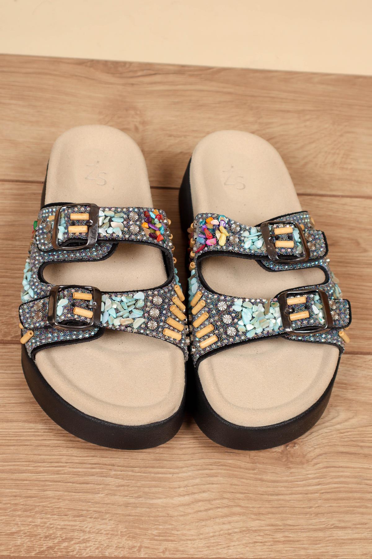 %100 Hakiki Deri Taşlı Çift Bantlı Terlik SİYAHTERLİK