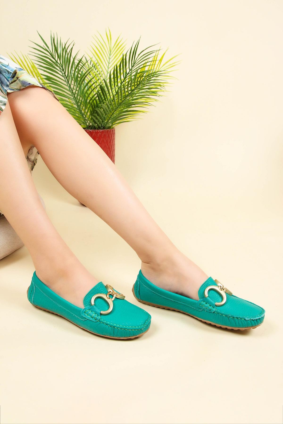 %100 Hakiki Deri Tokalı Loafer YEŞİLBABET