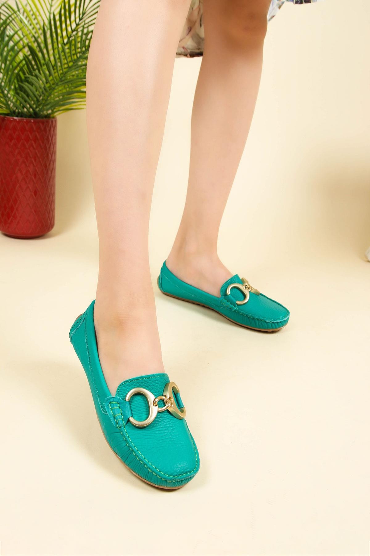 %100 Hakiki Deri Tokalı Loafer YEŞİLBABET