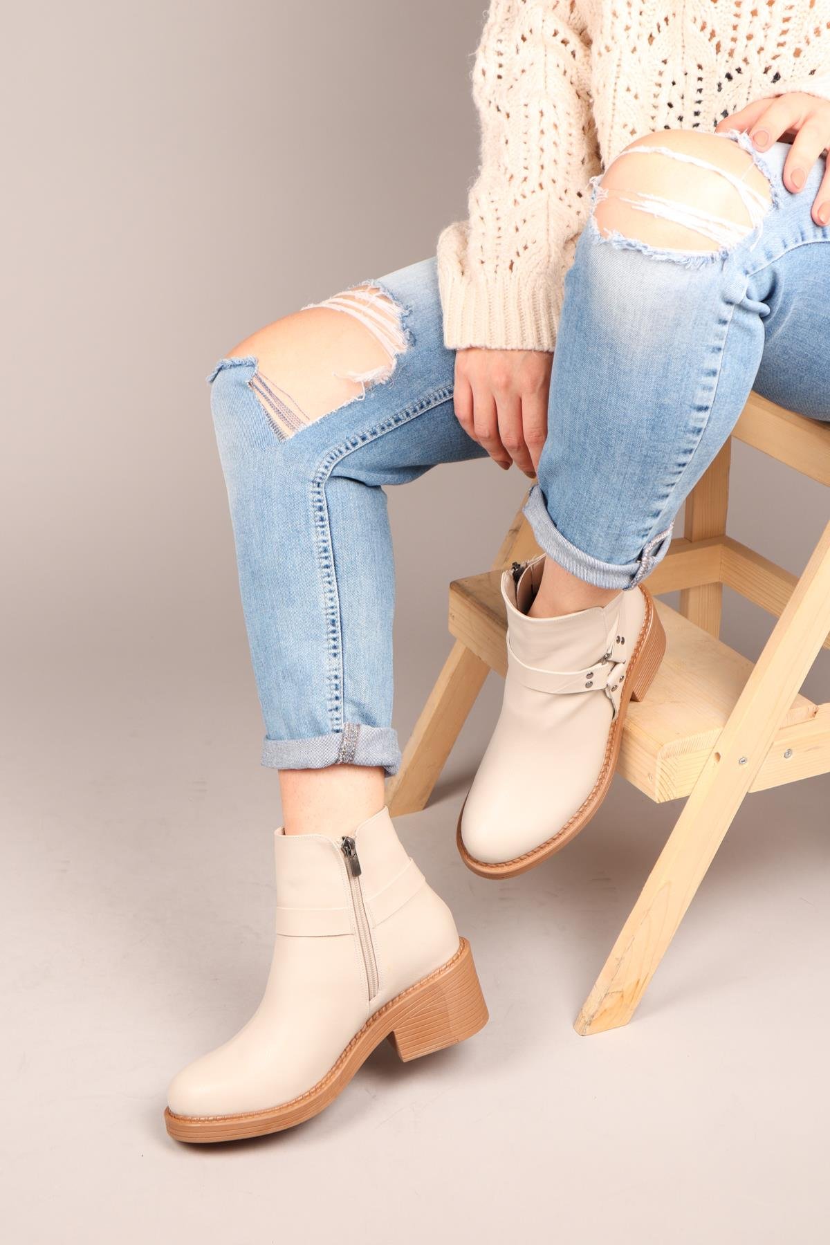 ANETA Fermuarlı Kısa Kadın Bot KREMBOT