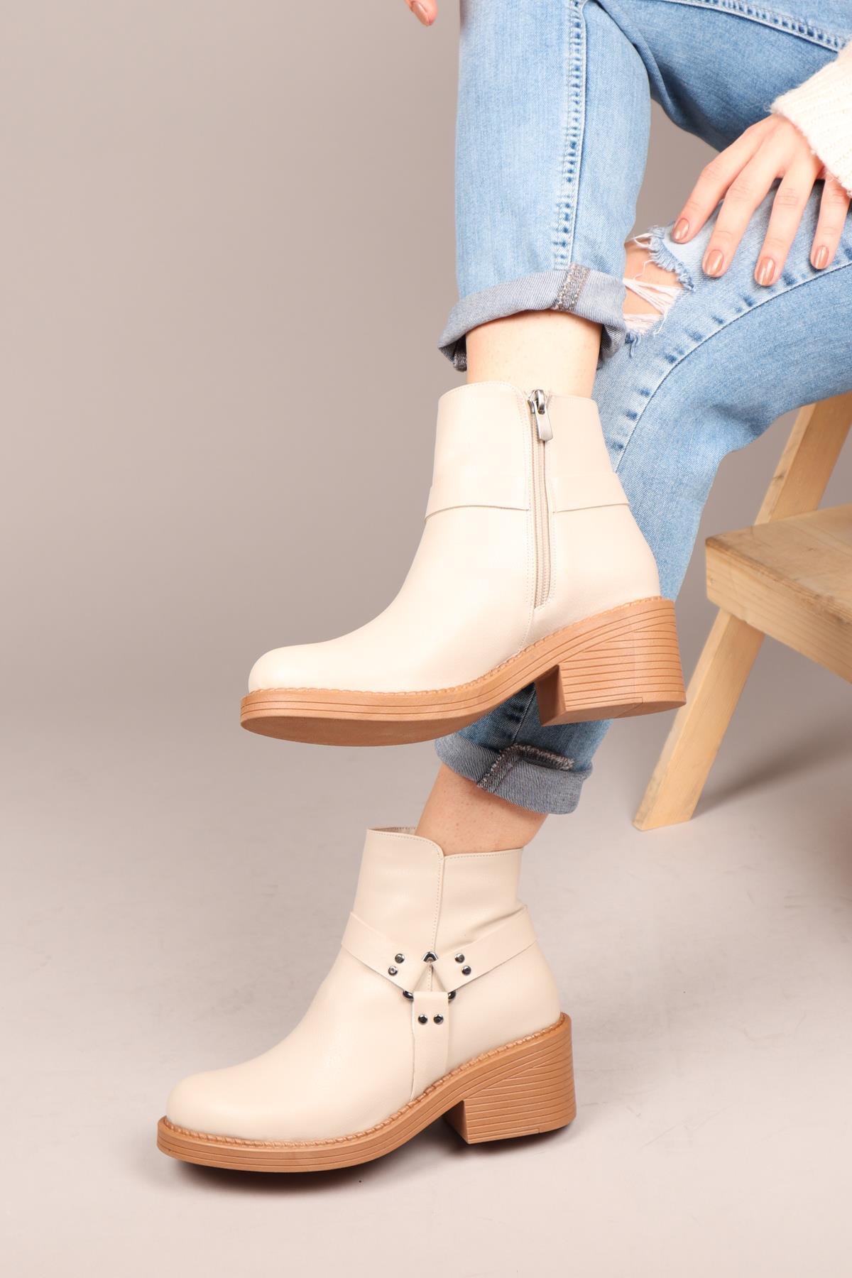 ANETA Fermuarlı Kısa Kadın Bot KREMBOT