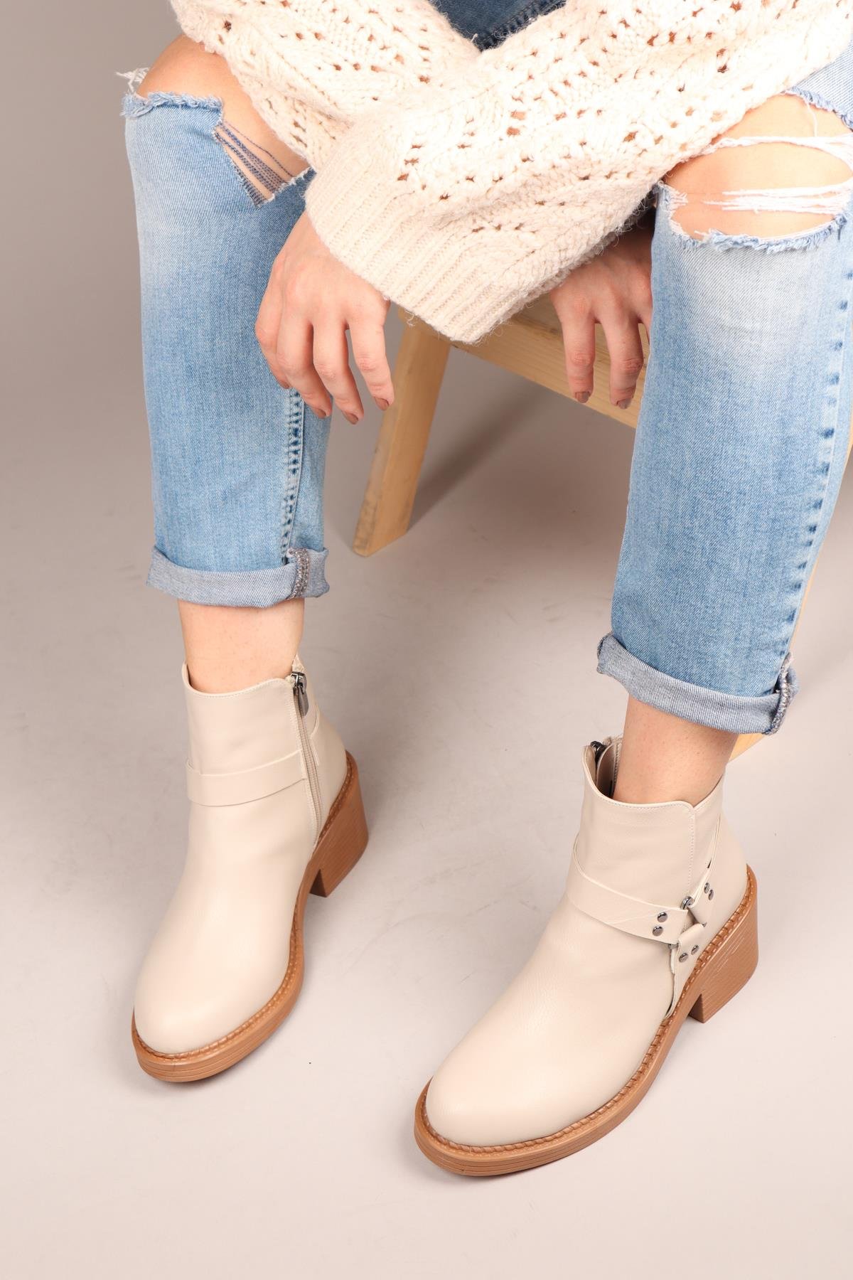 ANETA Fermuarlı Kısa Kadın Bot KREMBOT