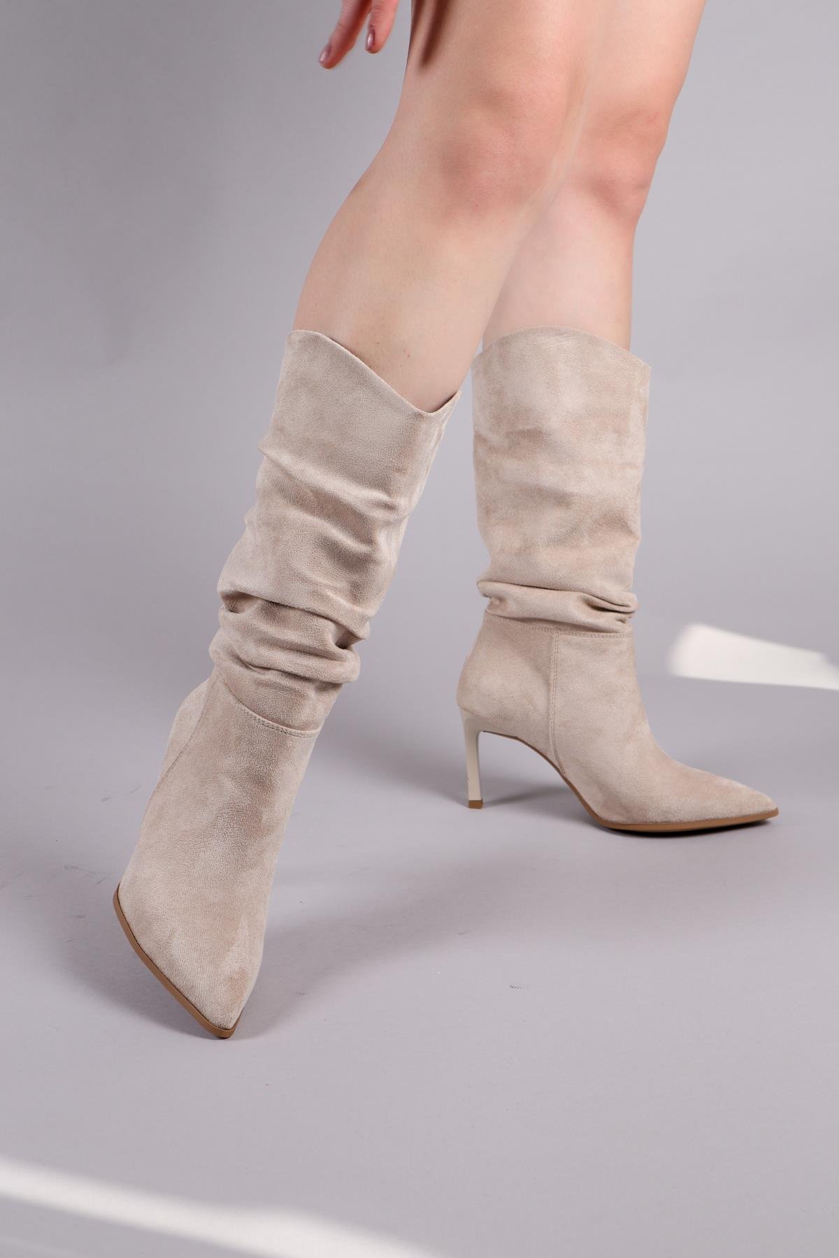 ARLON Büzgülü Çekme Topuklu Çizme BEJÇİZME 