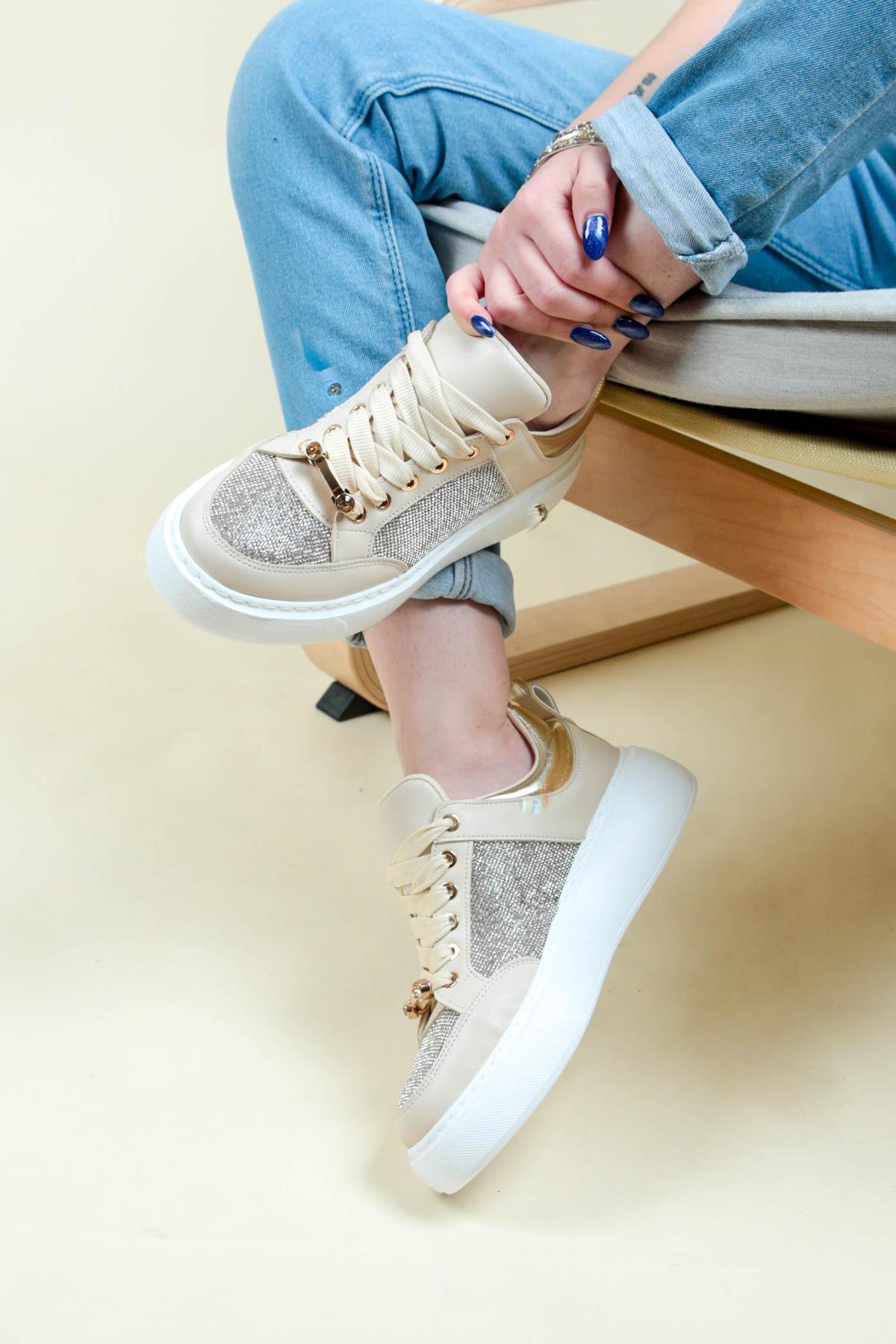 Bağcıklı Çok Taşlı Sneaker BEJ