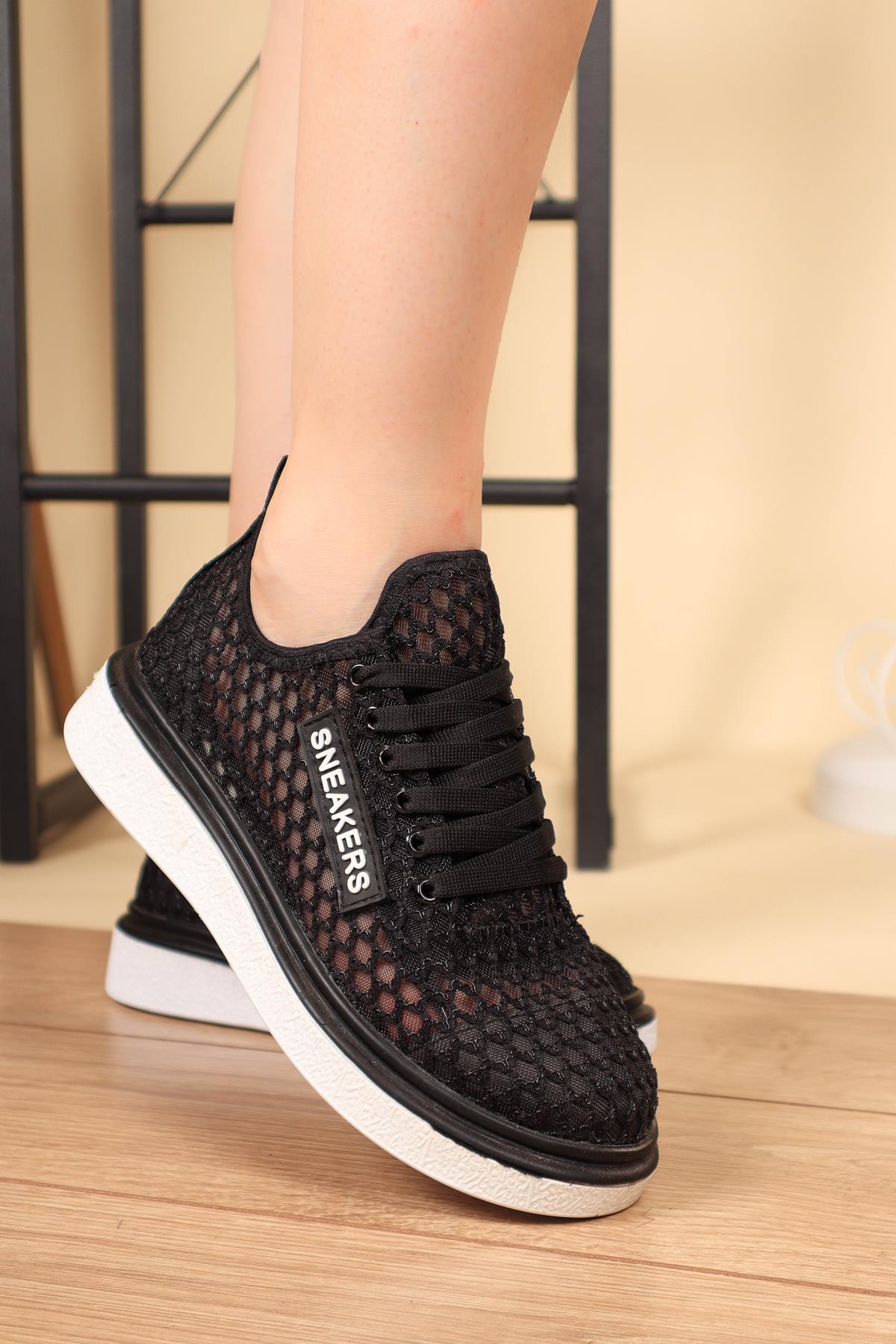Bağcıklı File Sneakers Spor Ayakkabı SİYAHSPOR AYAKKABI