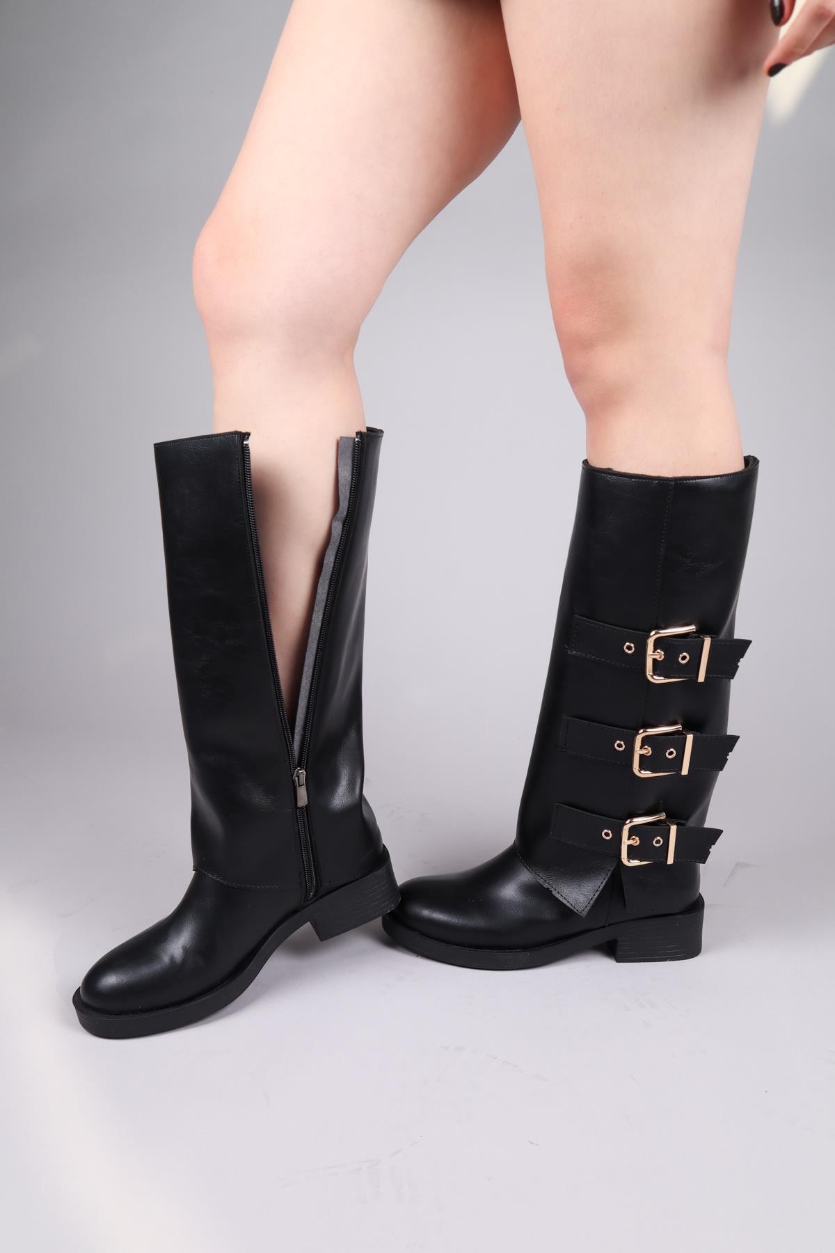 BALROG Gold Kemer Aksesuarlı Düz Çizme SİYAHÇİZME 