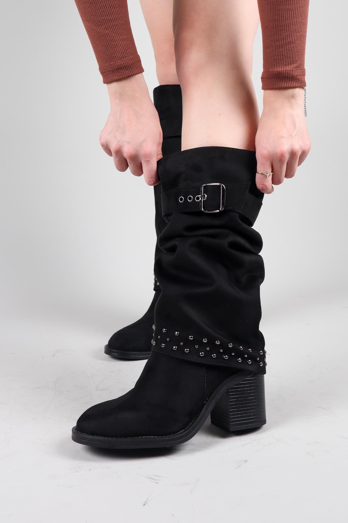 BASİLA Troklu Topuklu Süet Çizme SİYAHÇİZME 