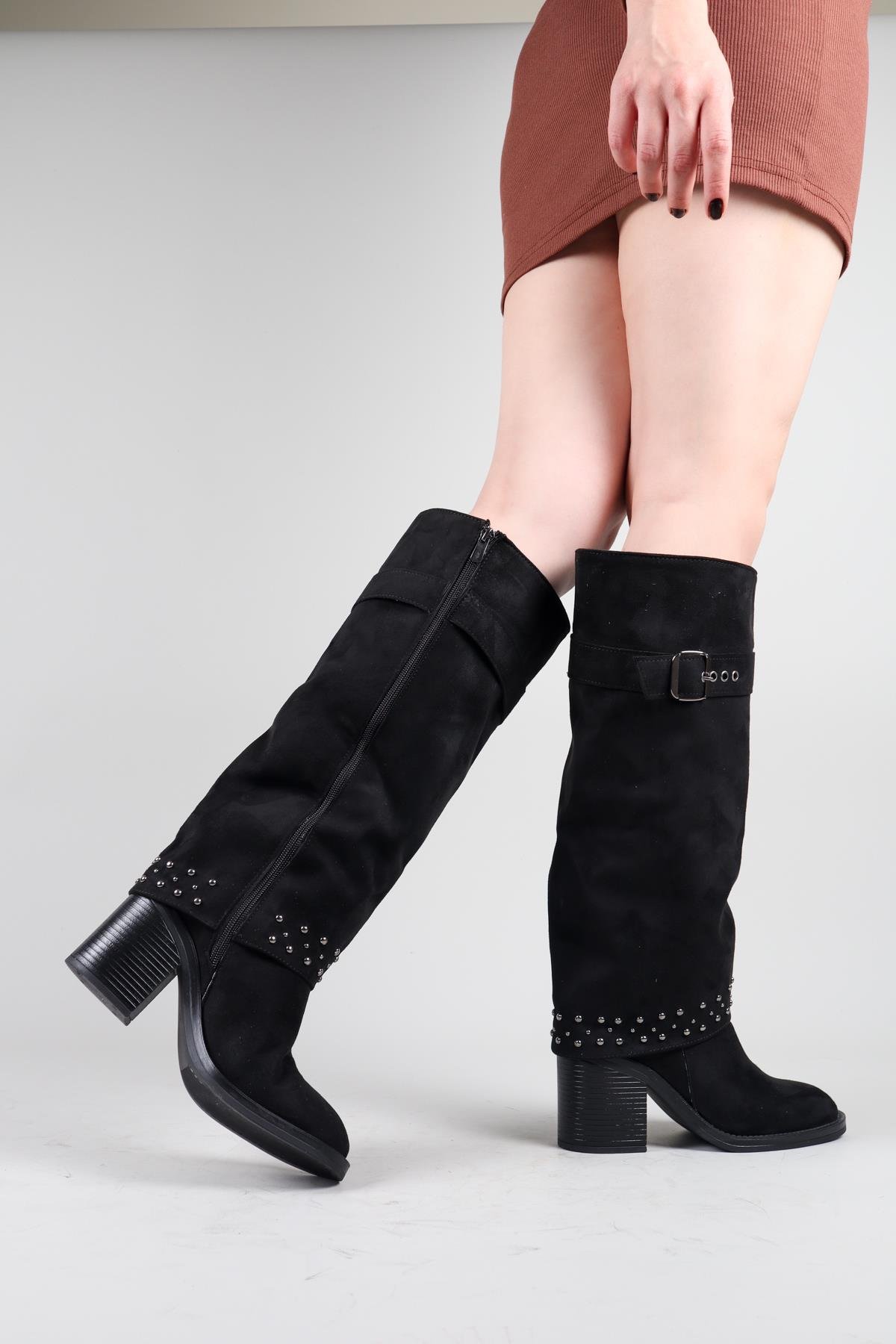 BASİLA Troklu Topuklu Süet Çizme SİYAHÇİZME 