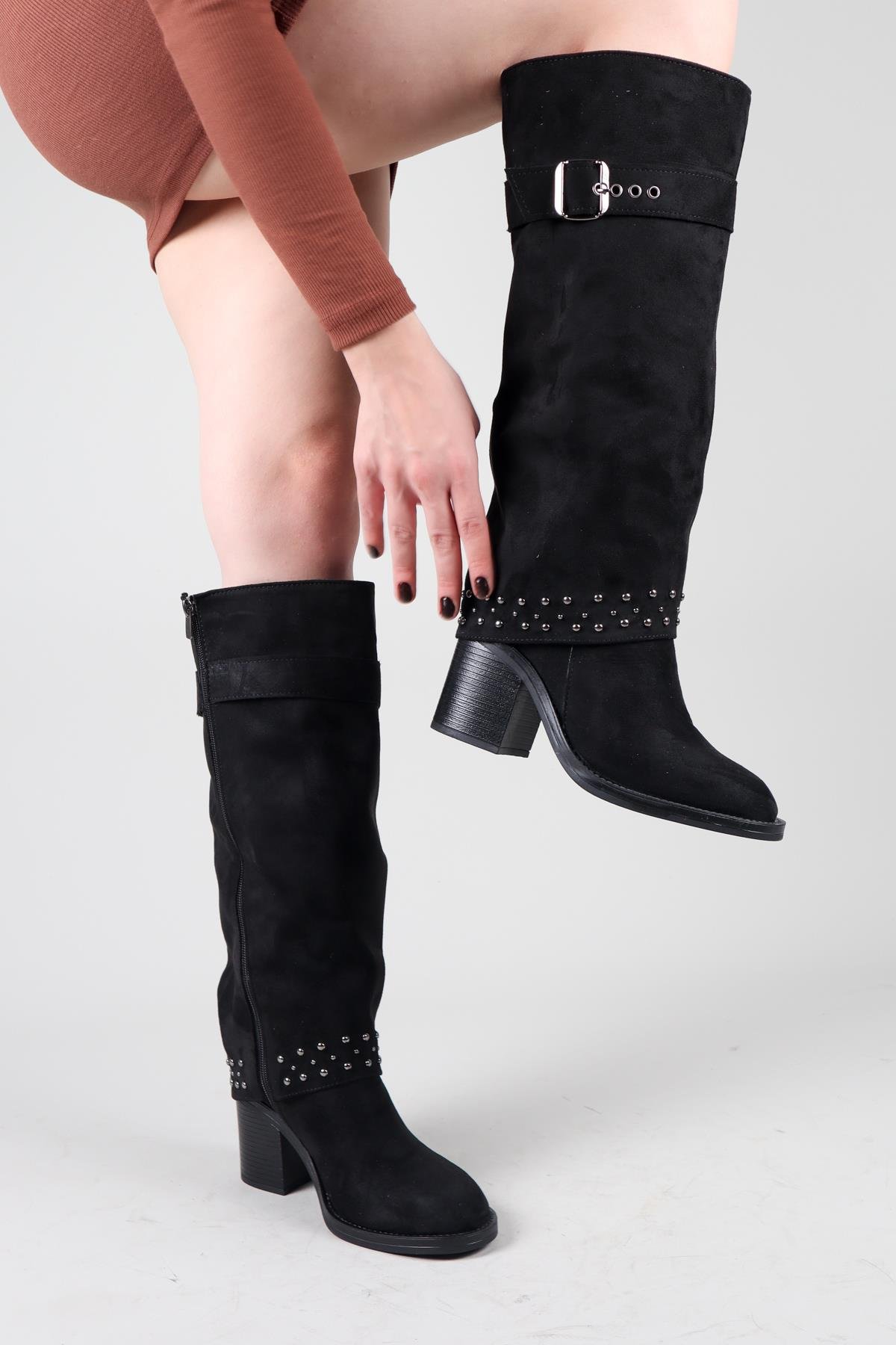 BASİLA Troklu Topuklu Süet Çizme SİYAHÇİZME 