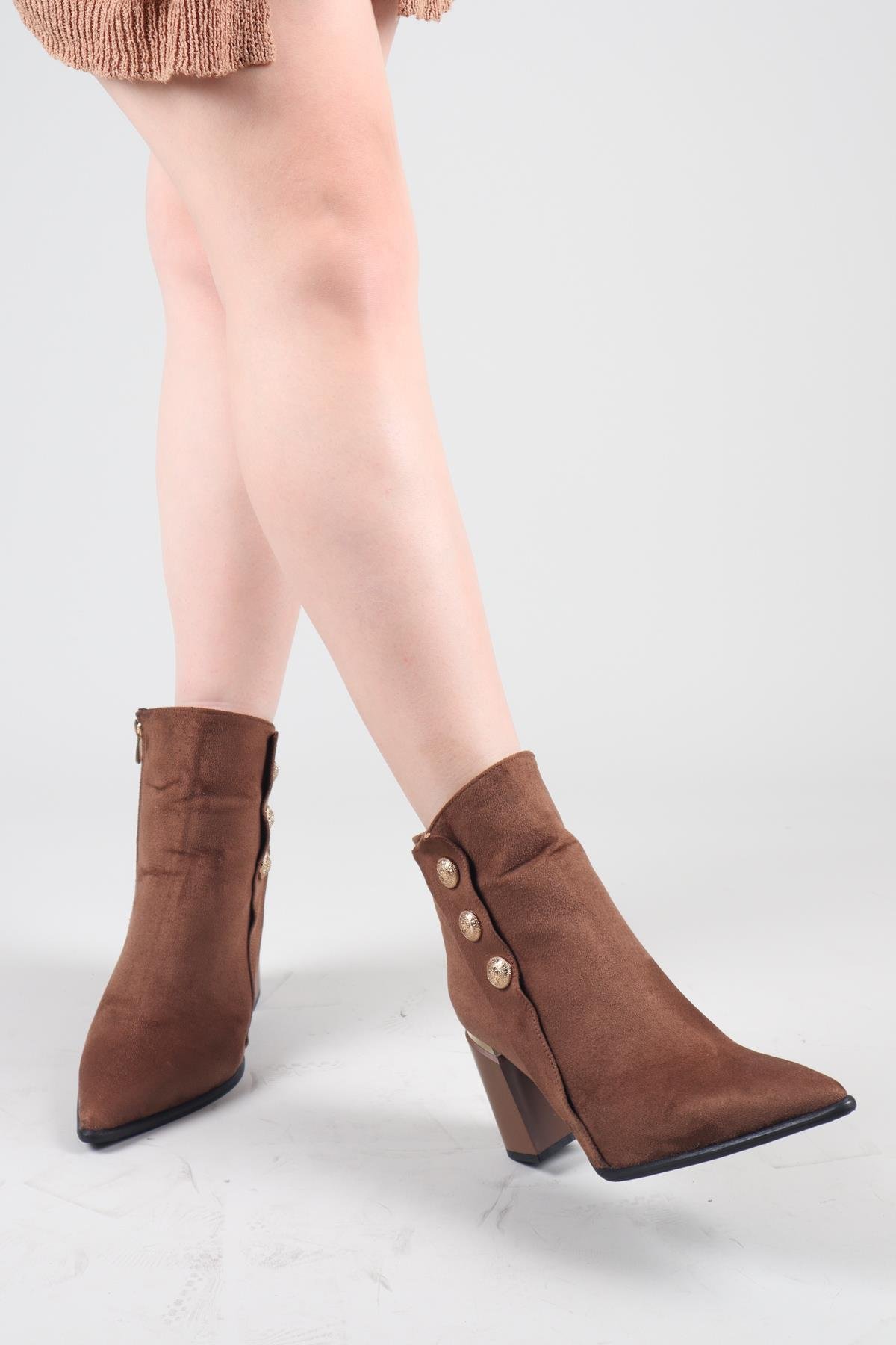 BIDIU Gold Tokalı Süet Topuklu Bot KAHVERENGİBOT