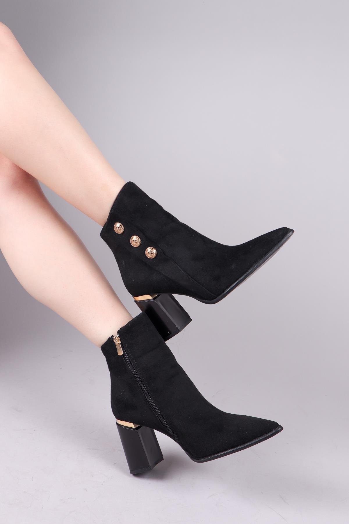 BIDIU Gold Tokalı Süet Topuklu Bot SİYAHBOT