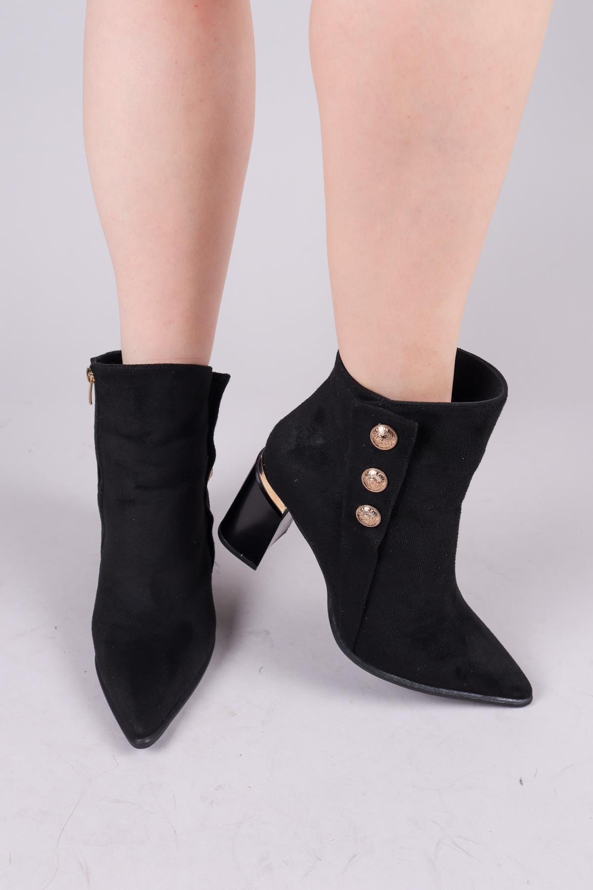 BIDIU Gold Tokalı Süet Topuklu Bot SİYAHBOT