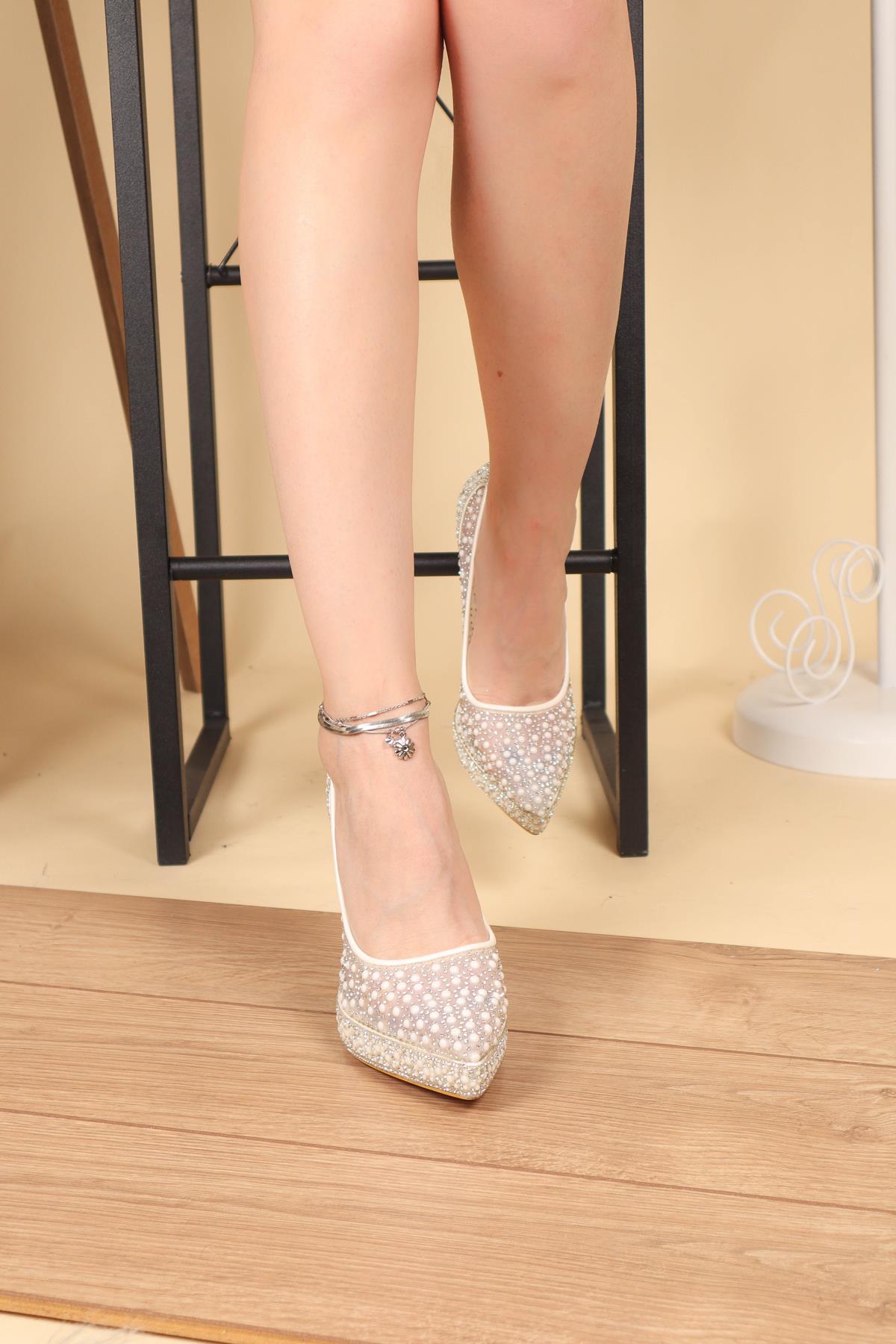 Boncuk ve Taş Baskılı Platform Topuklu Gelin Ayakkabısı SEDEFTOPUKLU AYAKKABI