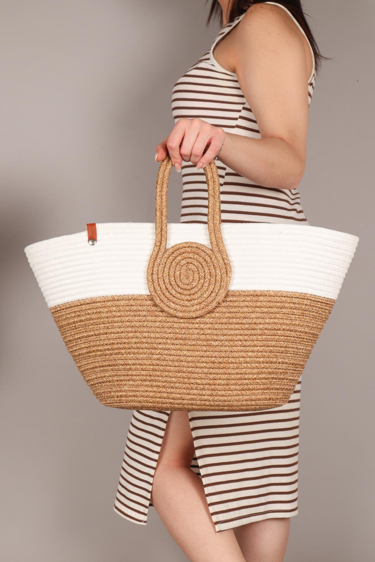 Büyük Sepet Çanta BEJ-BEYAZÇANTA