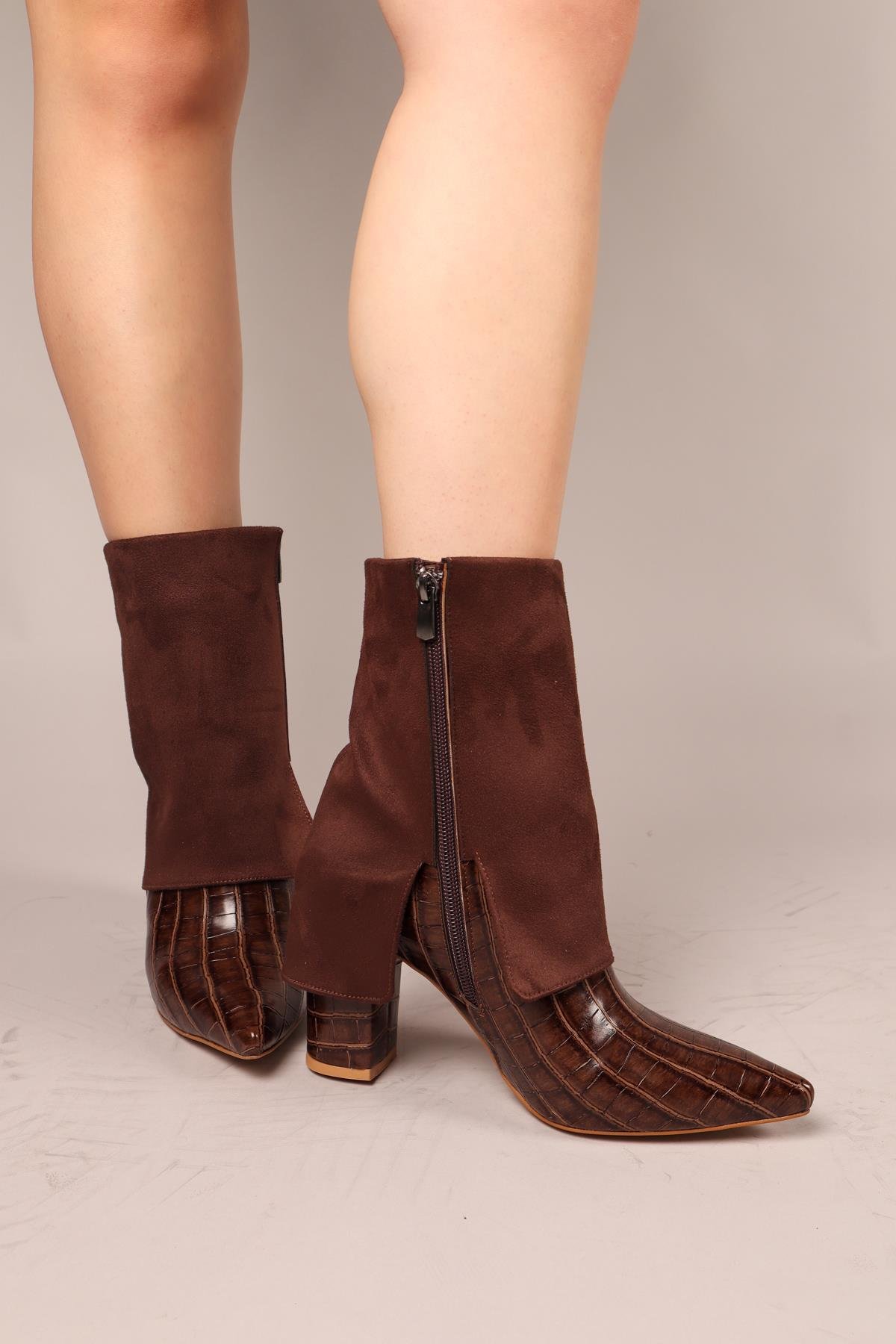 CİBUTİ Süet-Kroko Garnili Topuklu Bot KAHVERENGİBOT