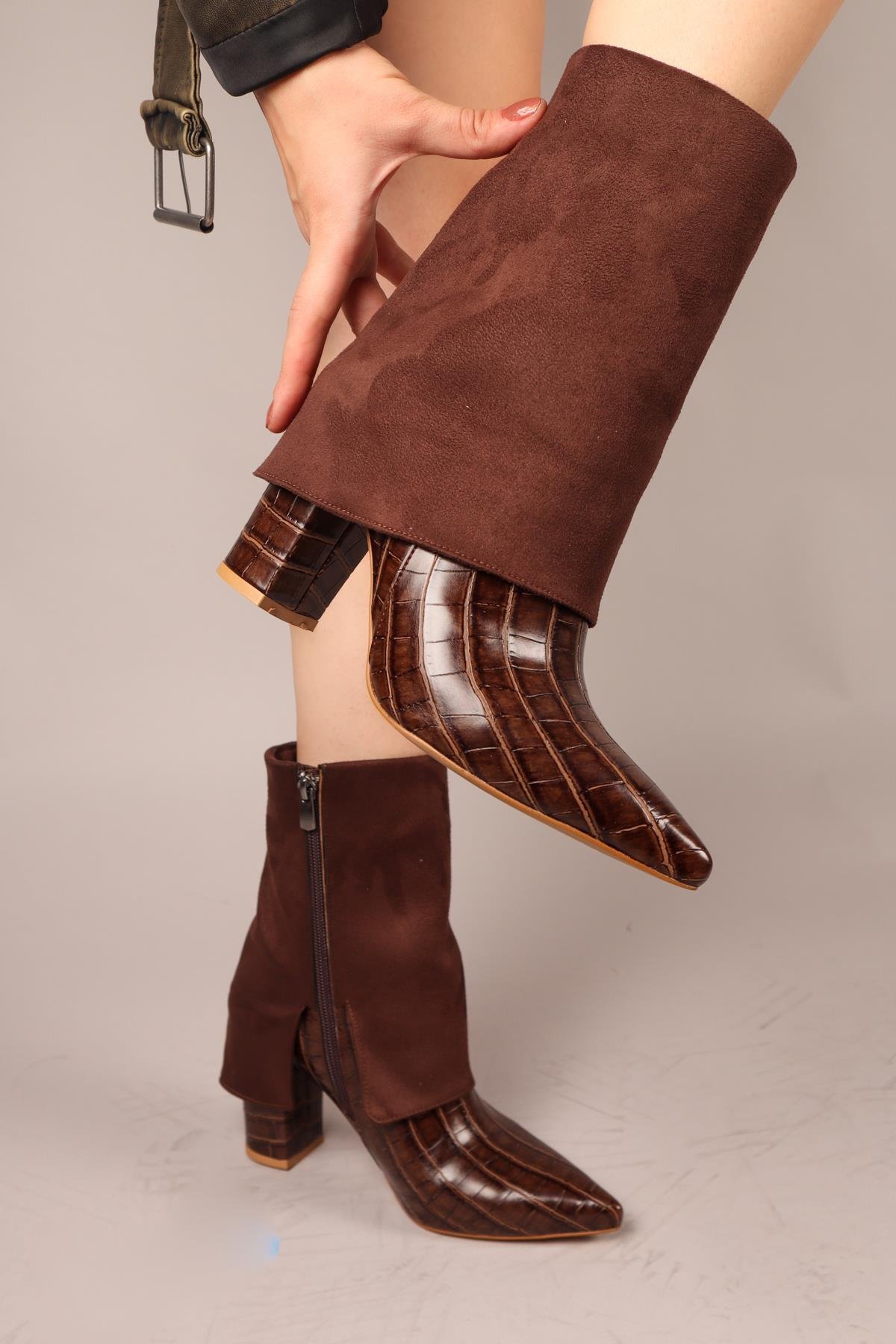CİBUTİ Süet-Kroko Garnili Topuklu Bot KAHVERENGİBOT
