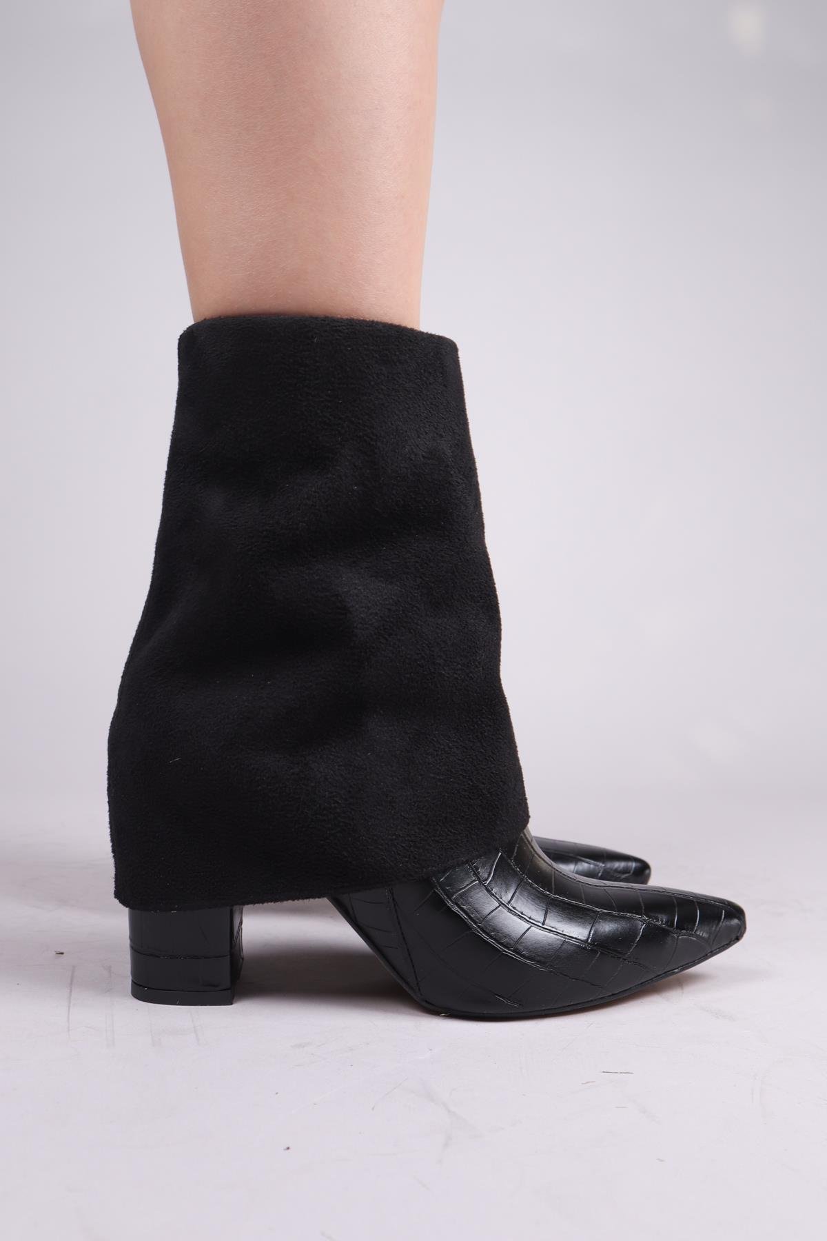 CİBUTİ Süet-Kroko Garnili Topuklu Bot SİYAHBOT