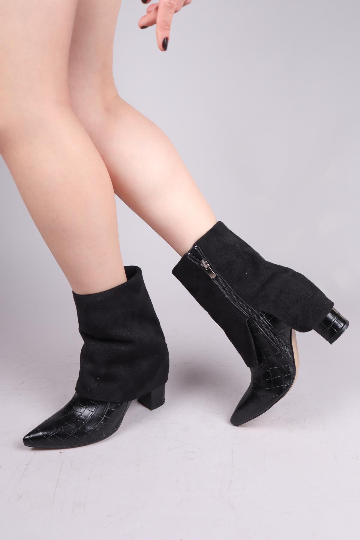 CİBUTİ Süet-Kroko Garnili Topuklu Bot SİYAHBOT