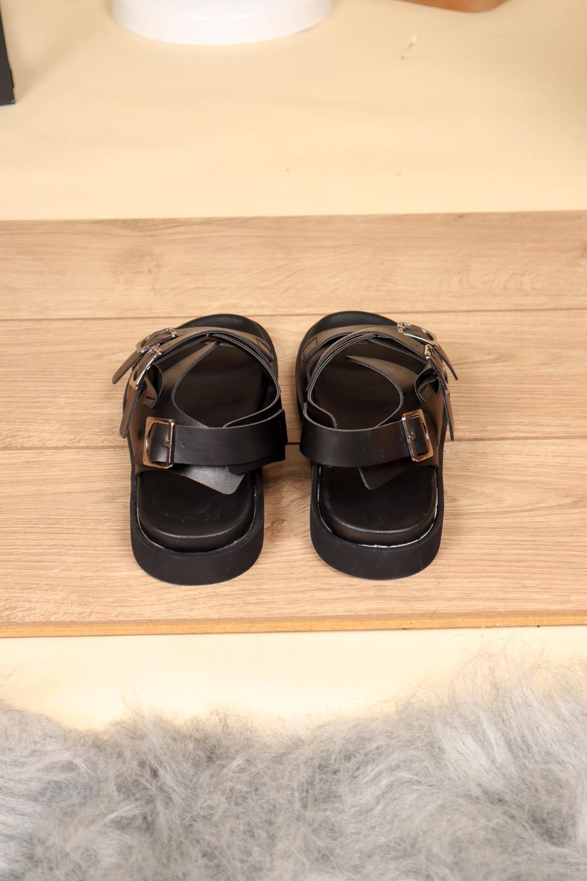 Çift Tokalı Düz Taban Sandalet SİYAHSANDALET