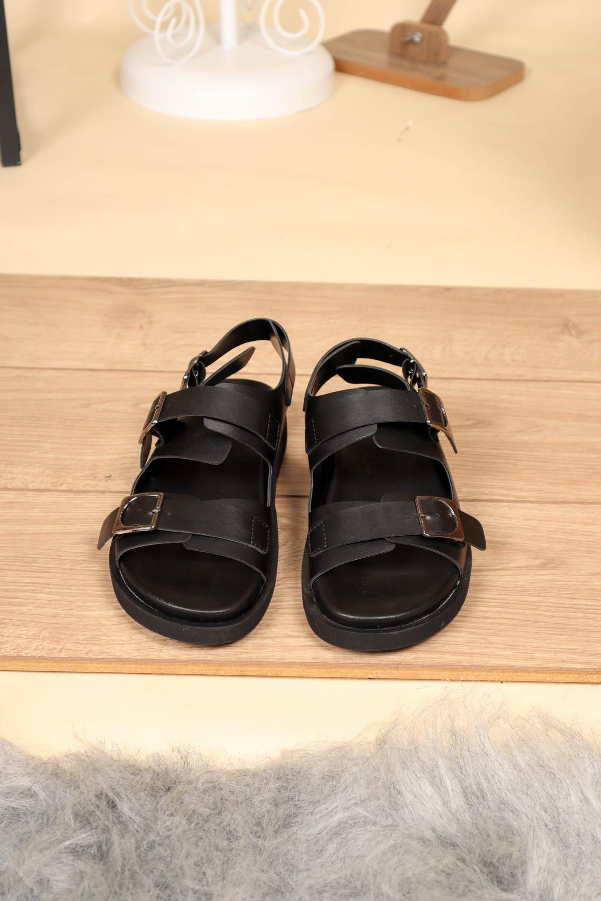Çift Tokalı Düz Taban Sandalet SİYAHSANDALET