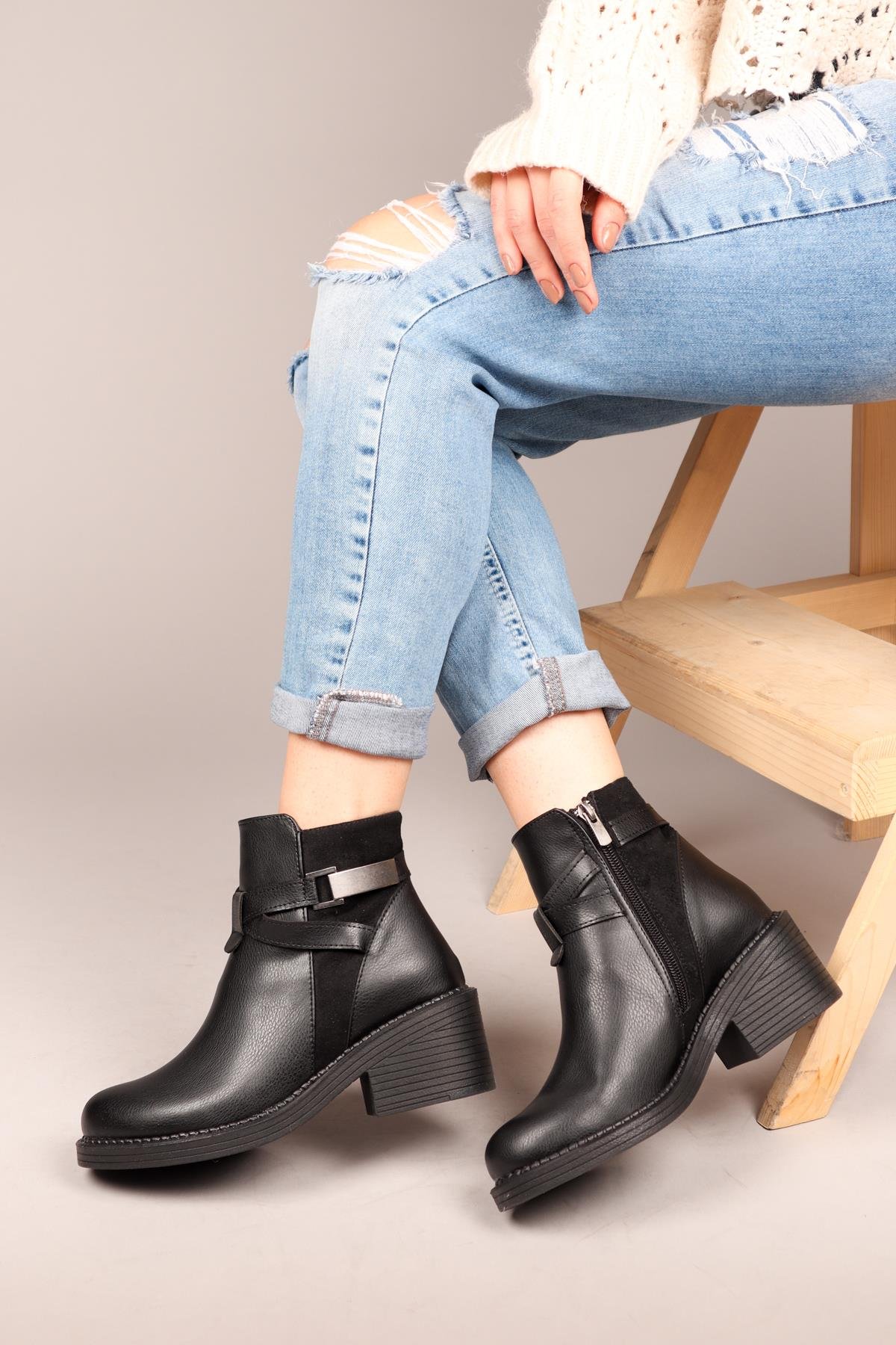 DAGMAR Cilt Süet Garnili Kadın Bot SİYAHBOT