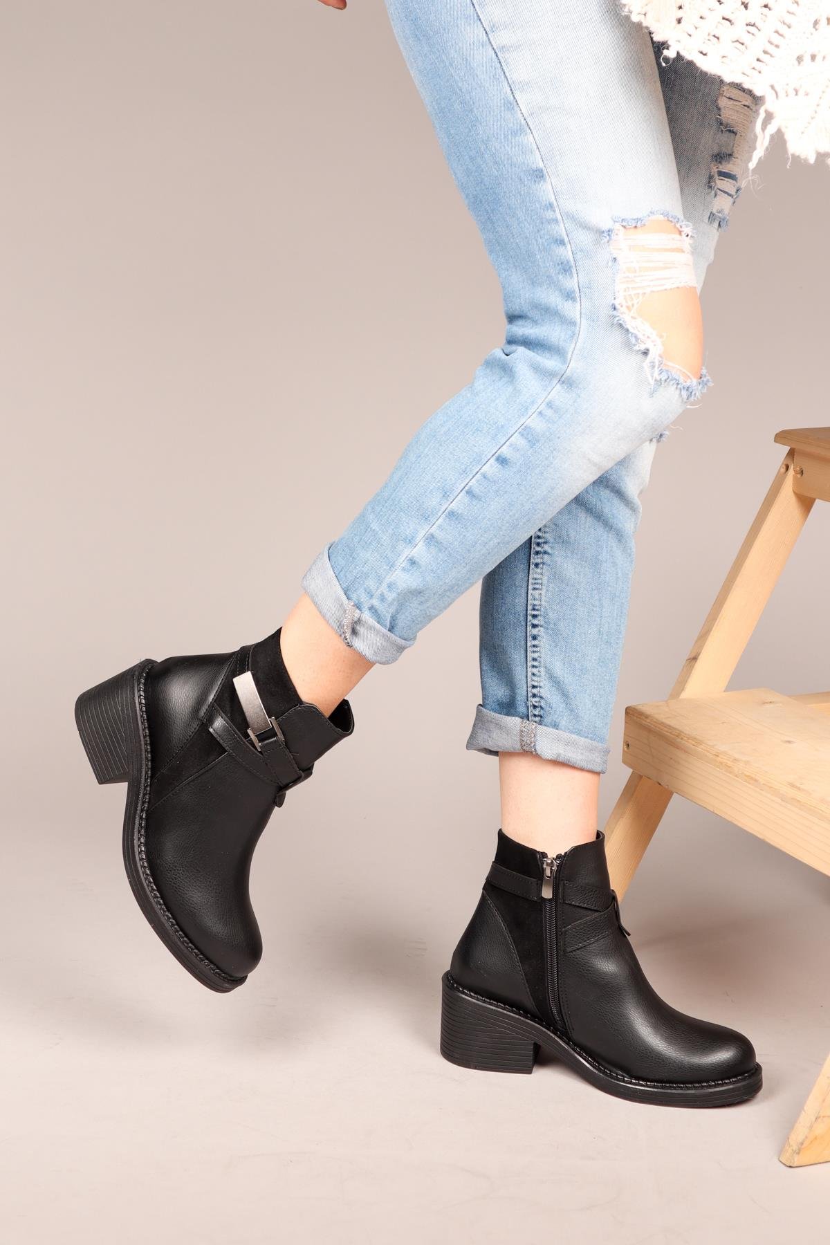 DAGMAR Cilt Süet Garnili Kadın Bot SİYAHBOT