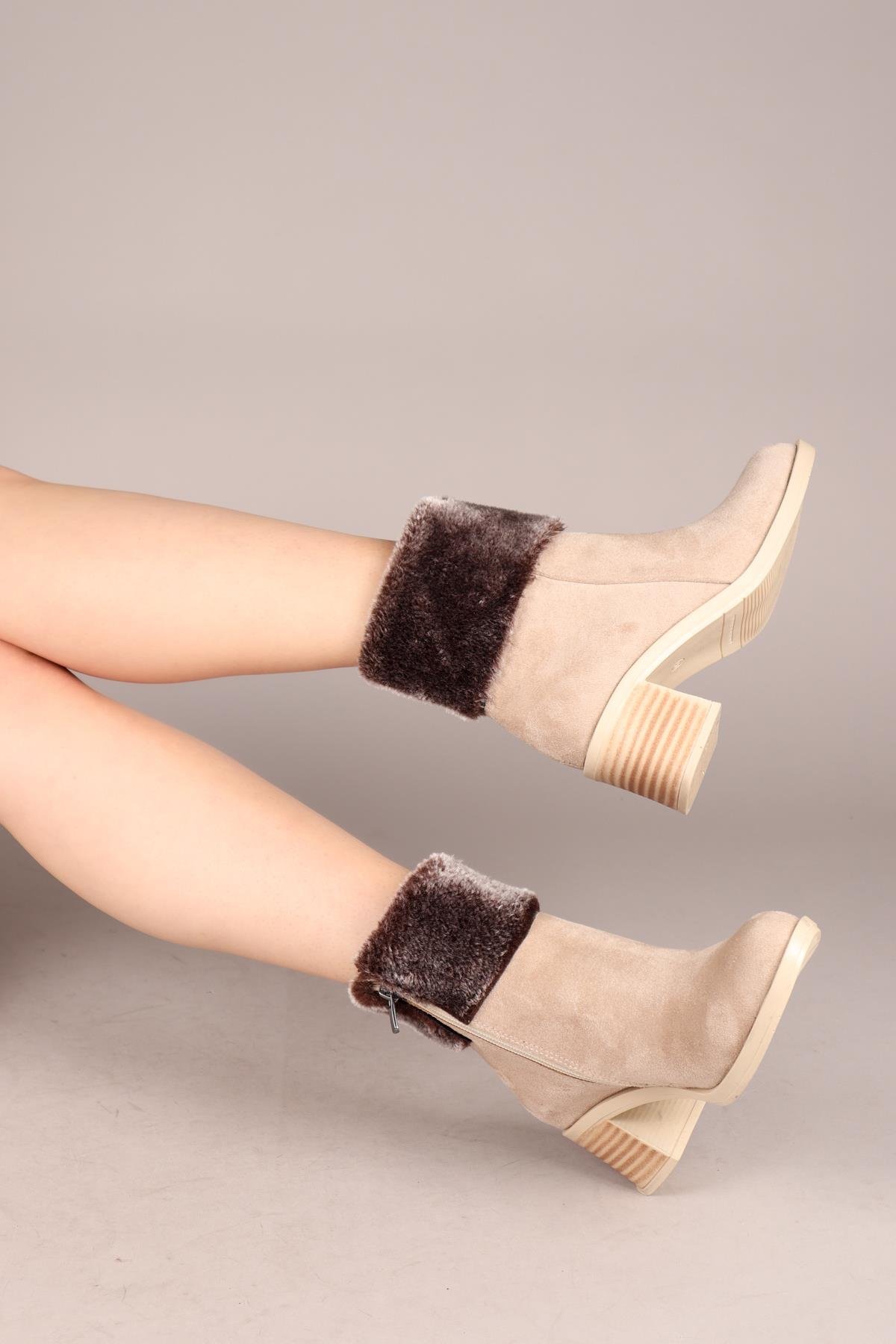 DRİTA Kürklü Süet Kadın Topuklu Bot BEJBOT