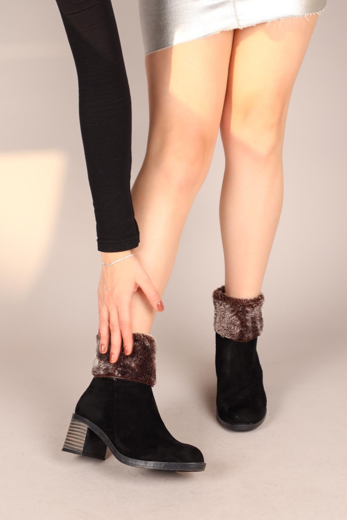 DRİTA Kürklü Süet Kadın Topuklu Bot SİYAHBOT