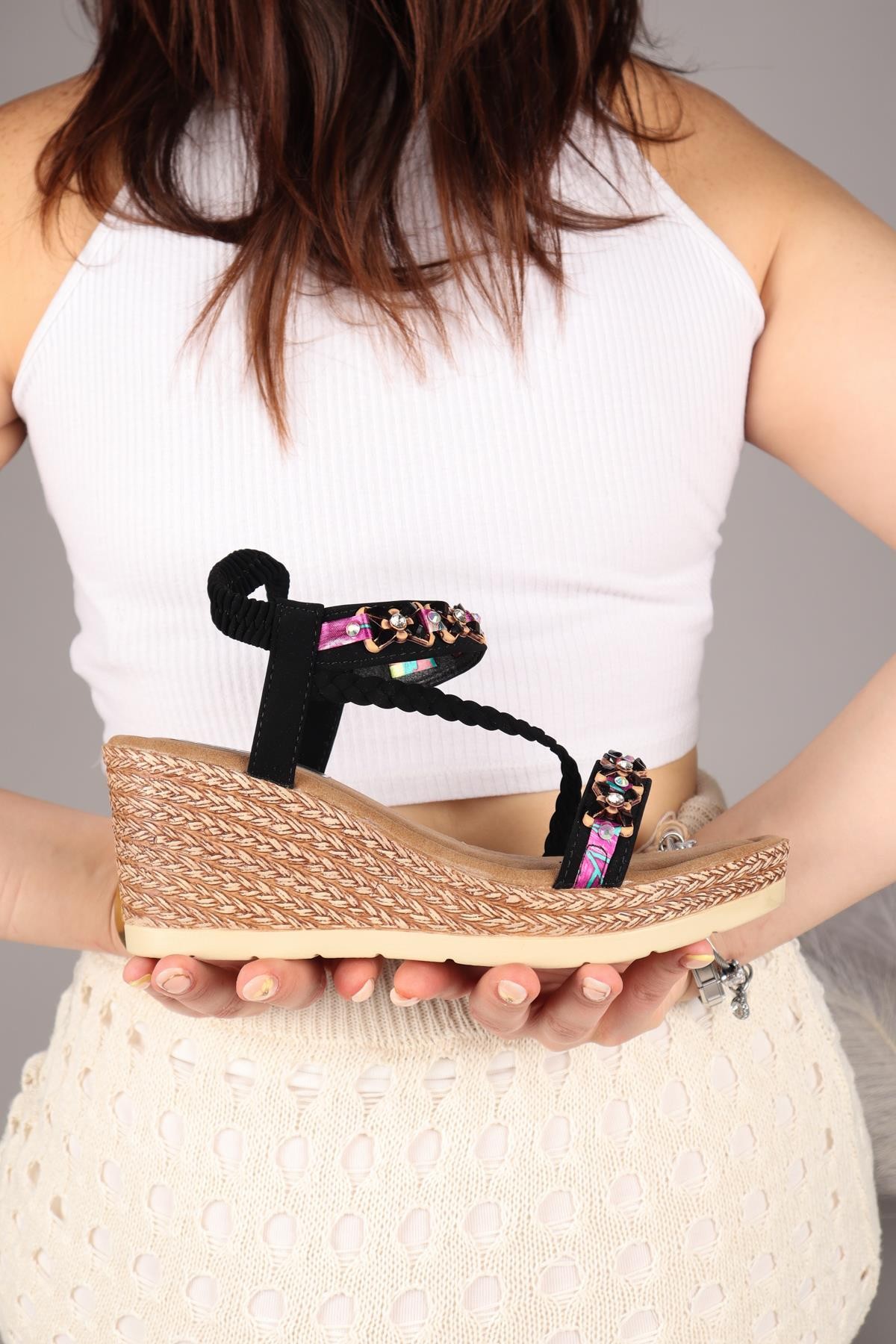 FANEL Örgü Biyeli Dolgu Topuklu Ayakkabı SİYAHDOLGU TOPUKLU