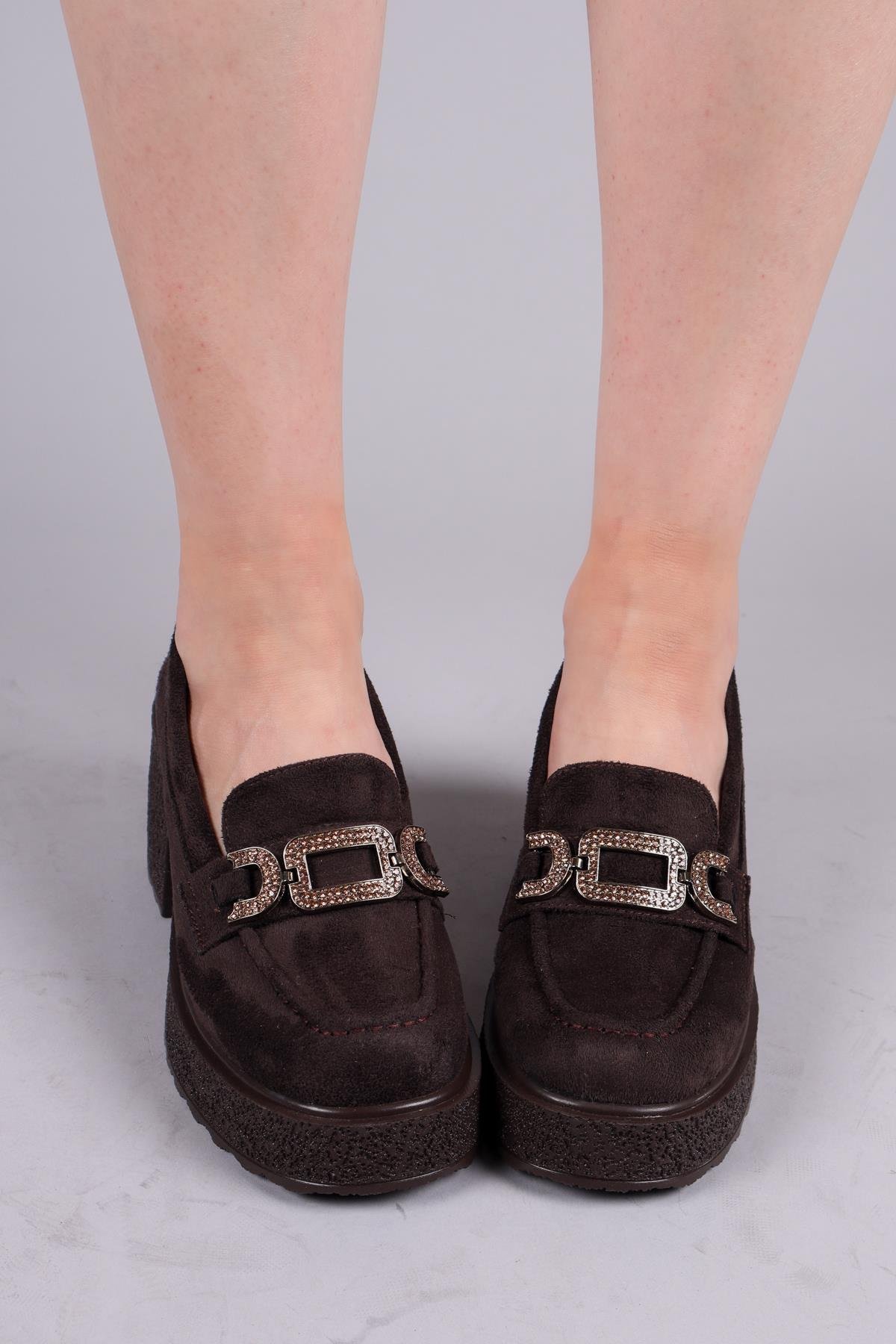 FERLAC Taşlı Tokalı Kalın Topuklu Loafer KAHVETOPUKLU AYAKKABI