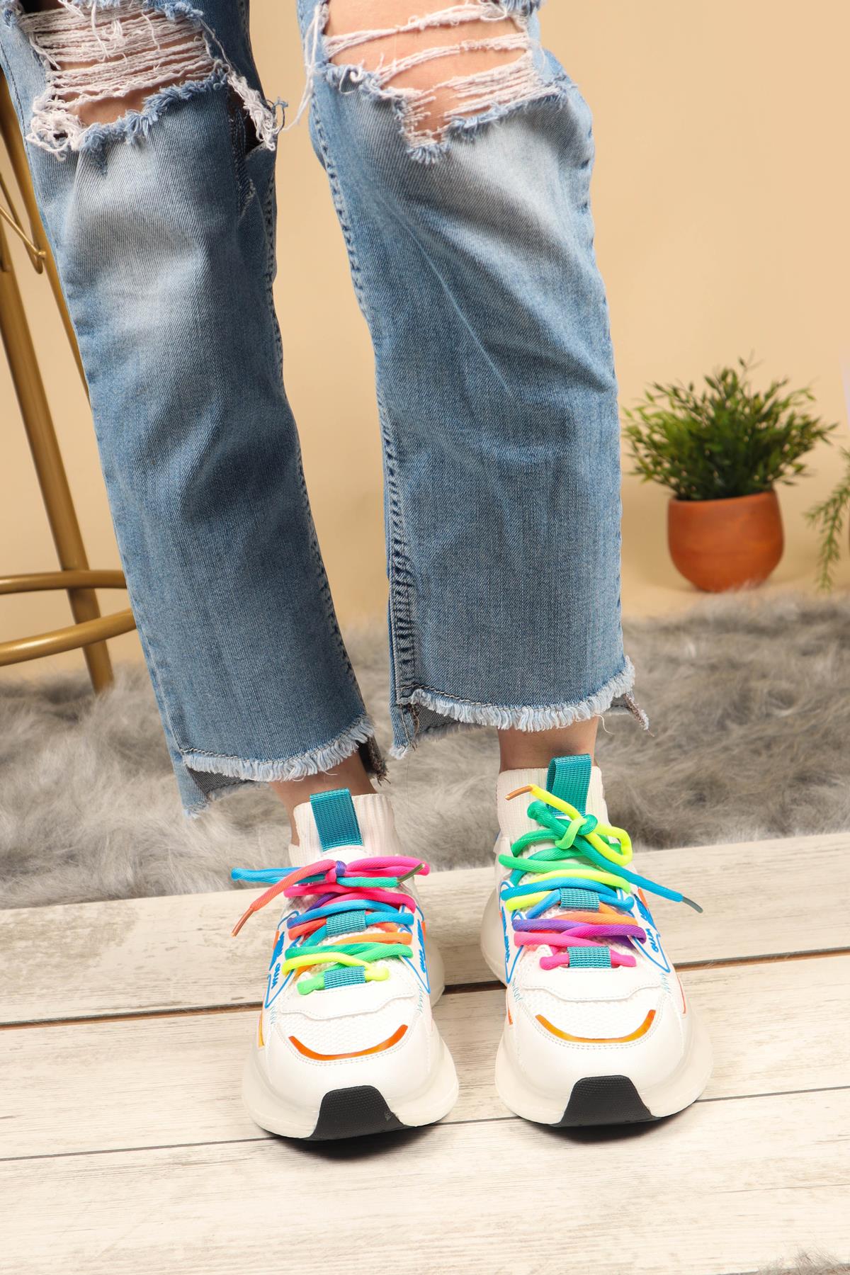GUJA Renkli Bağcıklı Triko Unisex Spor Ayakkabı BEYAZSPOR AYAKKABI