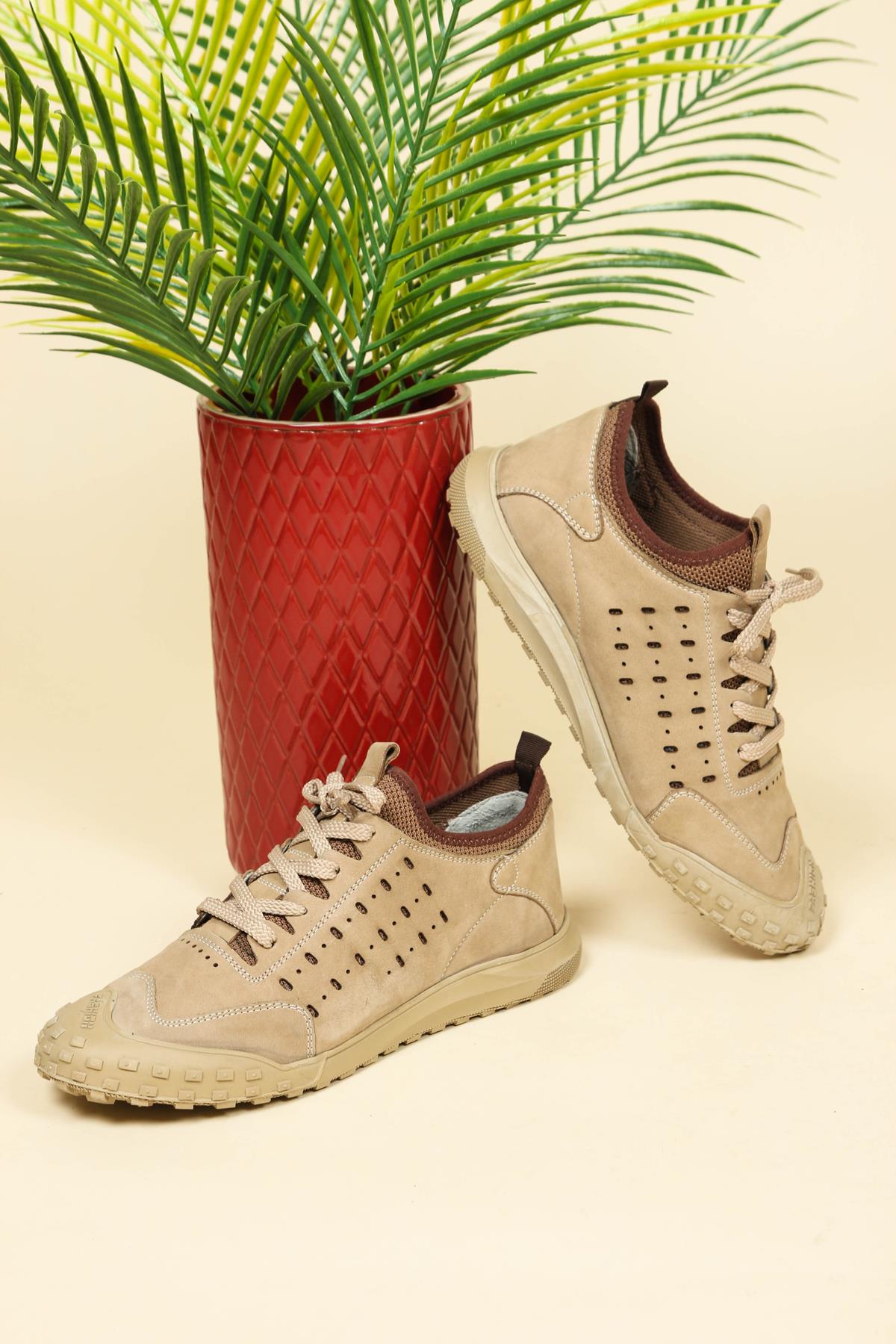 Hakiki Nubuk Lazer ve Triko Detaylı Erkek Ayakkabı BEJERKEK