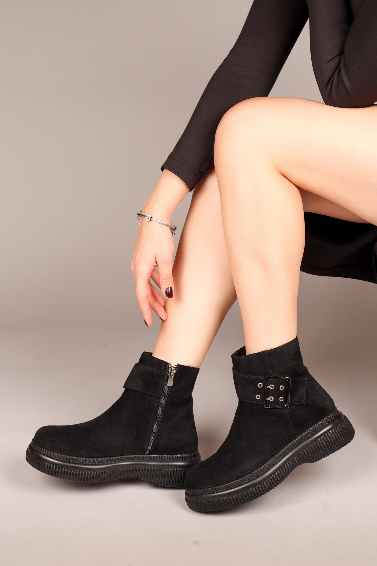 HİLDA Gold Tokalı Süet Bilek Bot SİYAHBOT