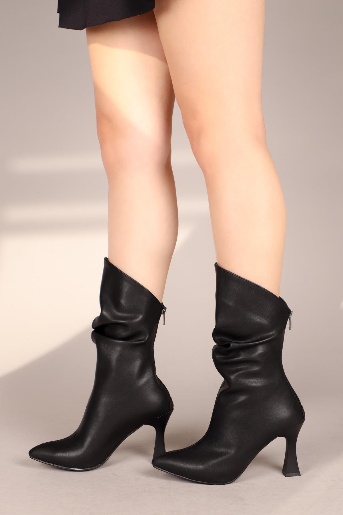 JEHONA Topuklu Yarım Çizme SİYAHÇİZME 