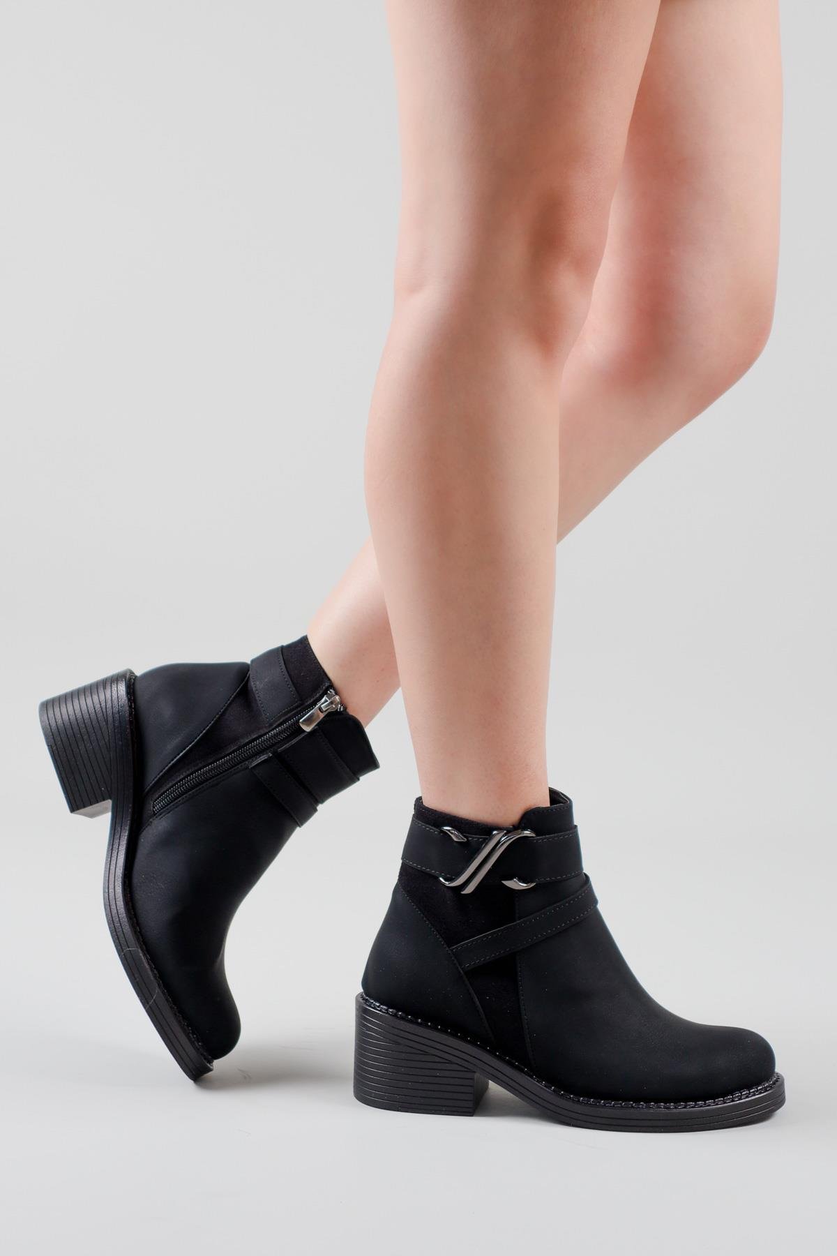 JOVANA Süet-Cilt Kadın Topuklu Bot SİYAHBOT