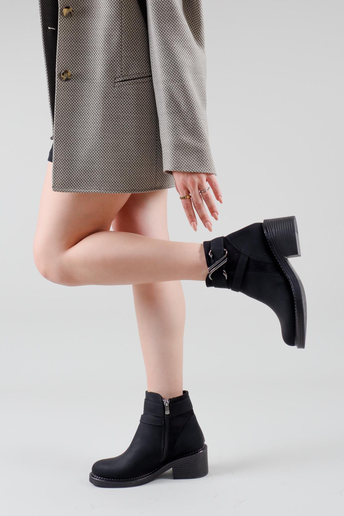 JOVANA Süet-Cilt Kadın Topuklu Bot SİYAHBOT