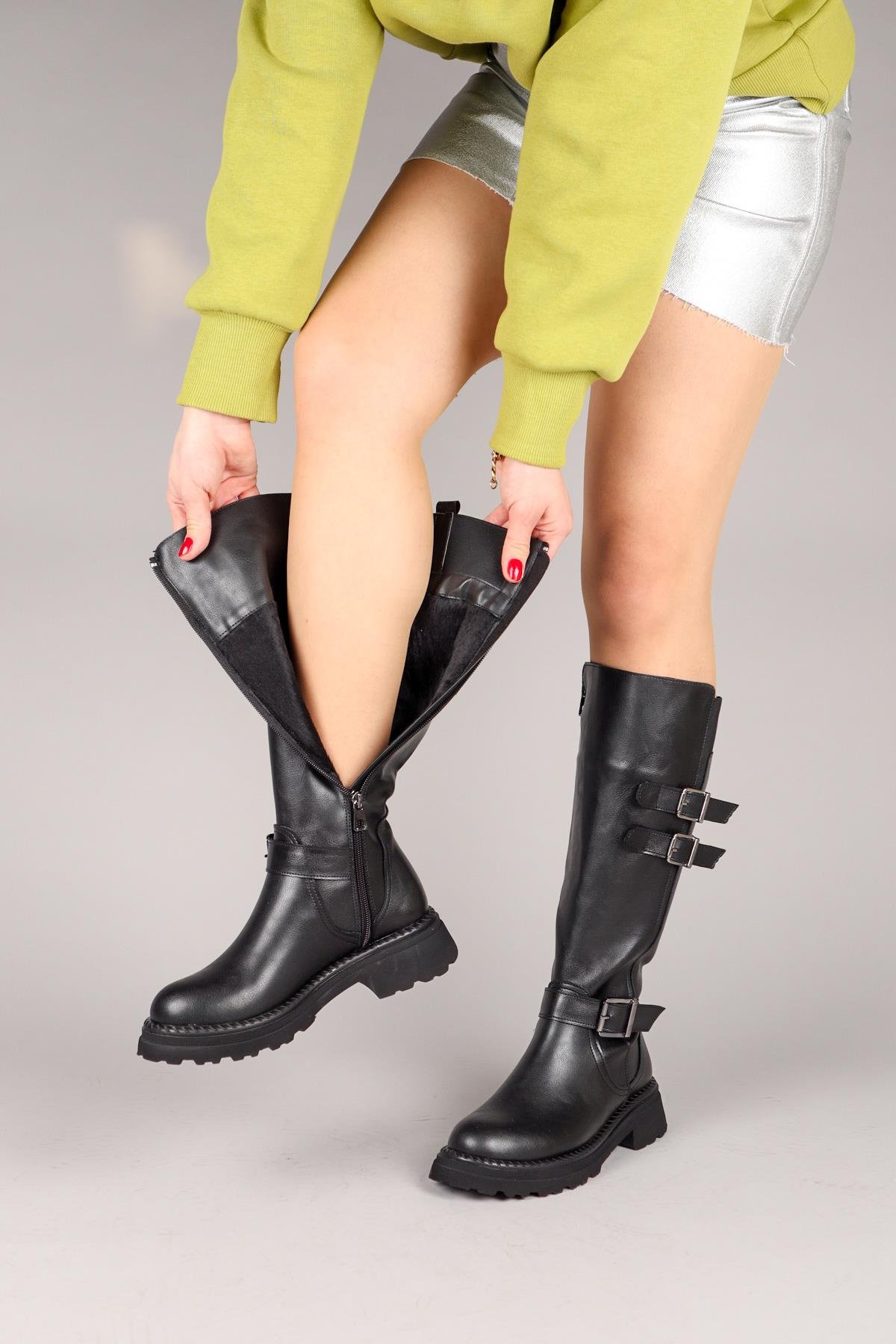 JUNA Kemer Detaylı Cilt Çizme SİYAHÇİZME 