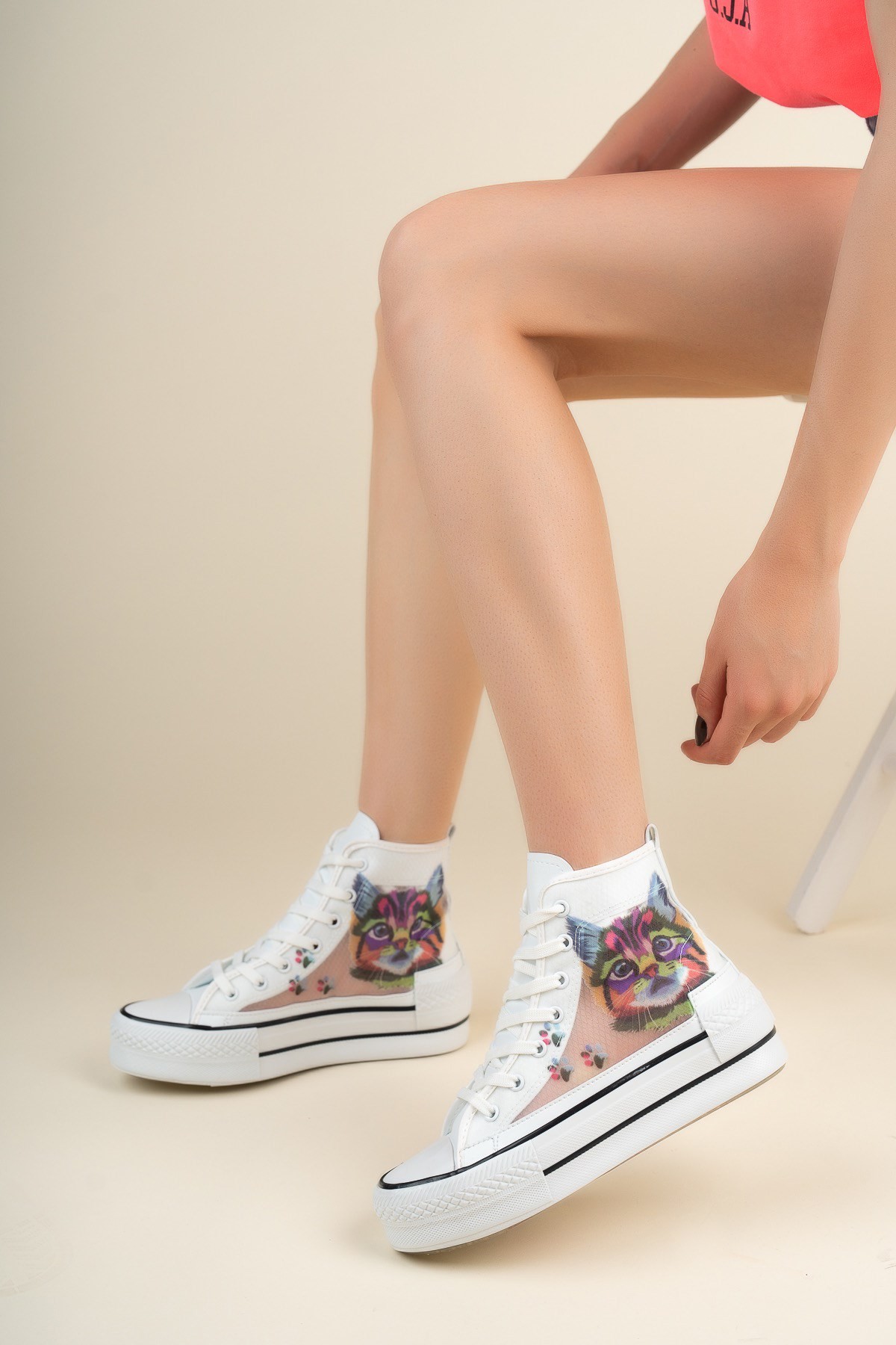 Kalın Tabanlı Kedi Baskılı Bilekli Kadın SneakersSPOR AYAKKABI