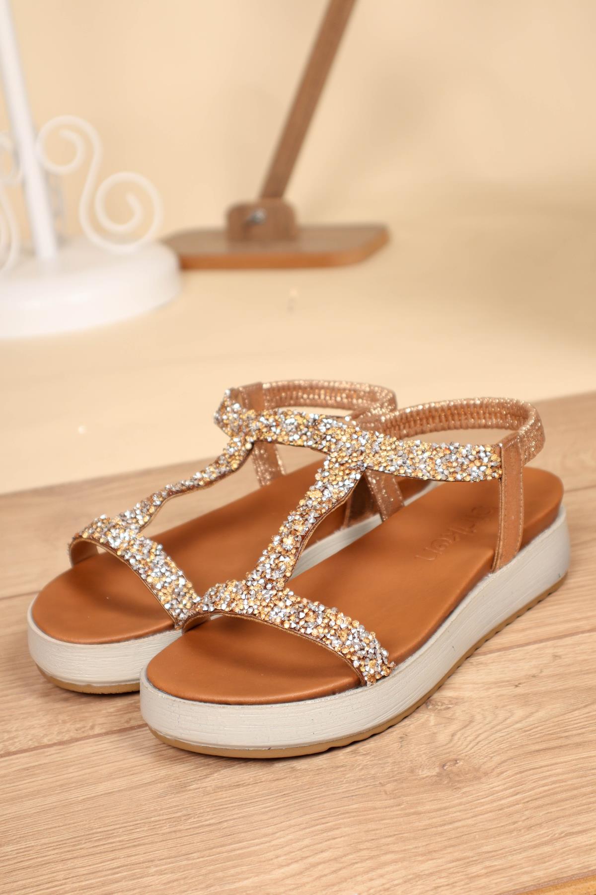 Kırık Taşlı Arkası Lastikli Kalın Taban Sandalet ROSESANDALET